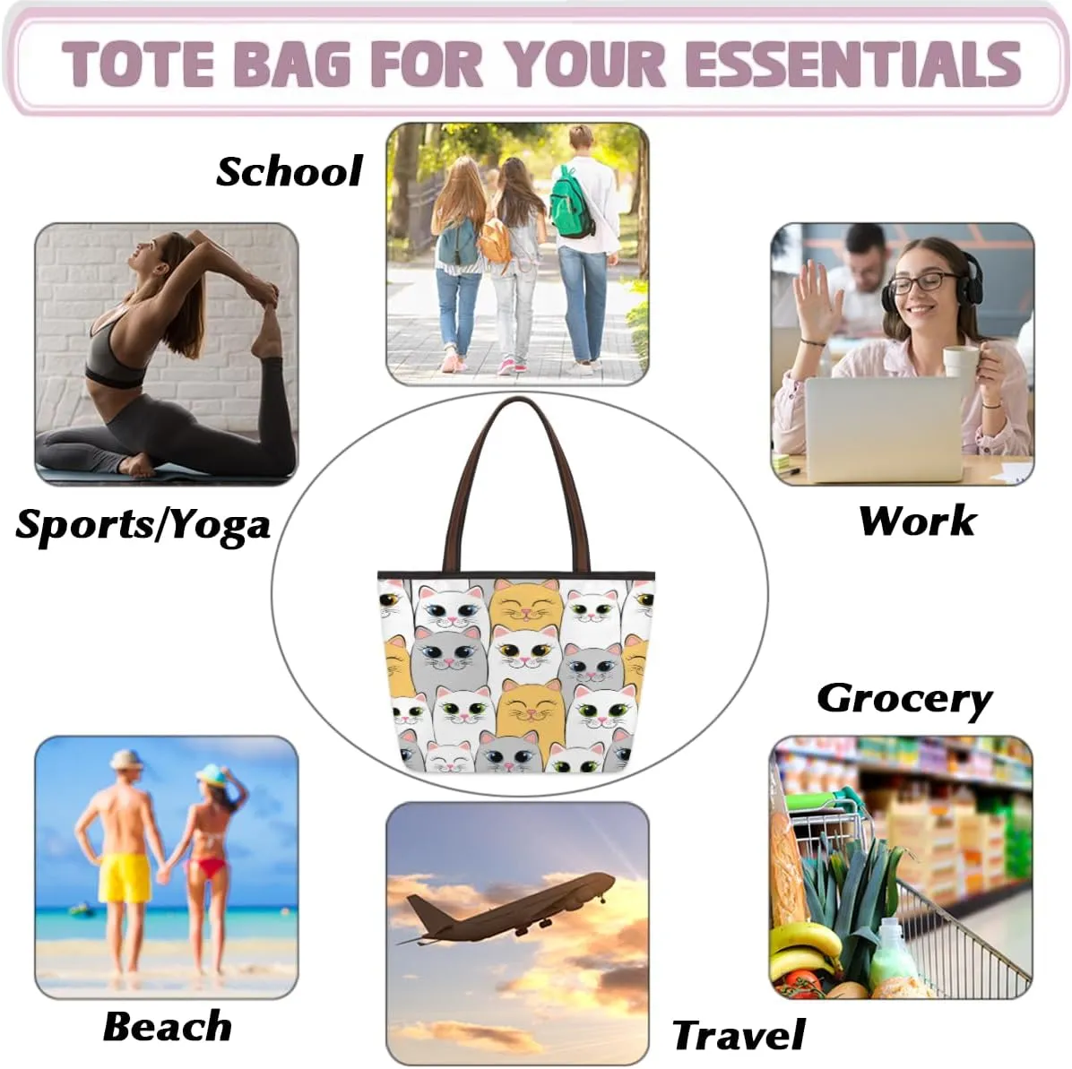 Tote Bag for Women with Zipper Large Capacity Top Handle Casual Shoulder Bag Handbag Reusable Shopping