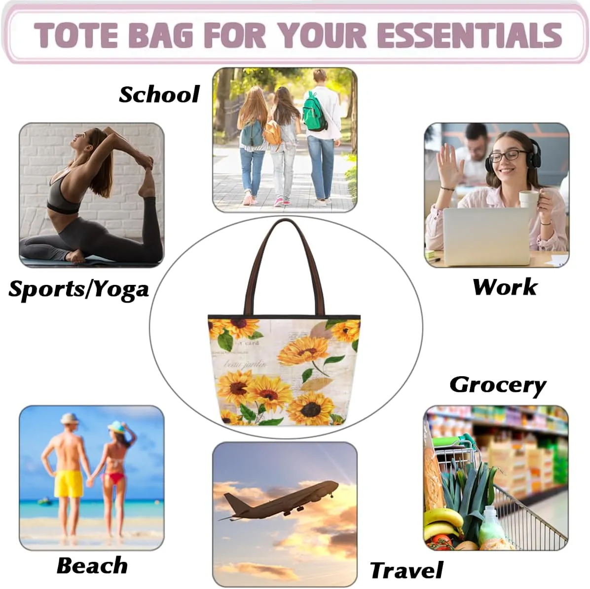 Tote Bag for Women with Zipper Large Capacity Top Handle Casual Shoulder Bag Handbag Reusable Shopping