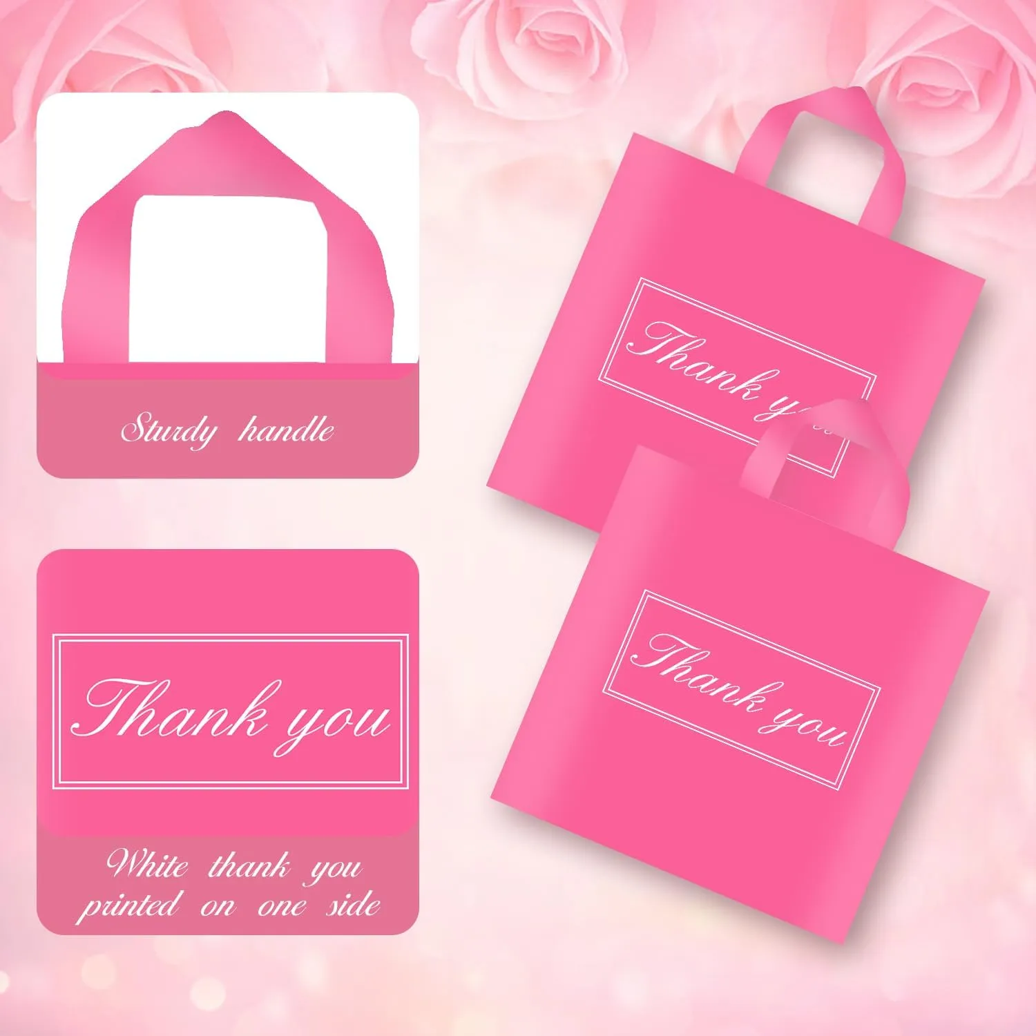 Tote Bags, Small & Medium, White & Pink, Reusable Plastic Shopping Bags with Handle & Slip Pocket