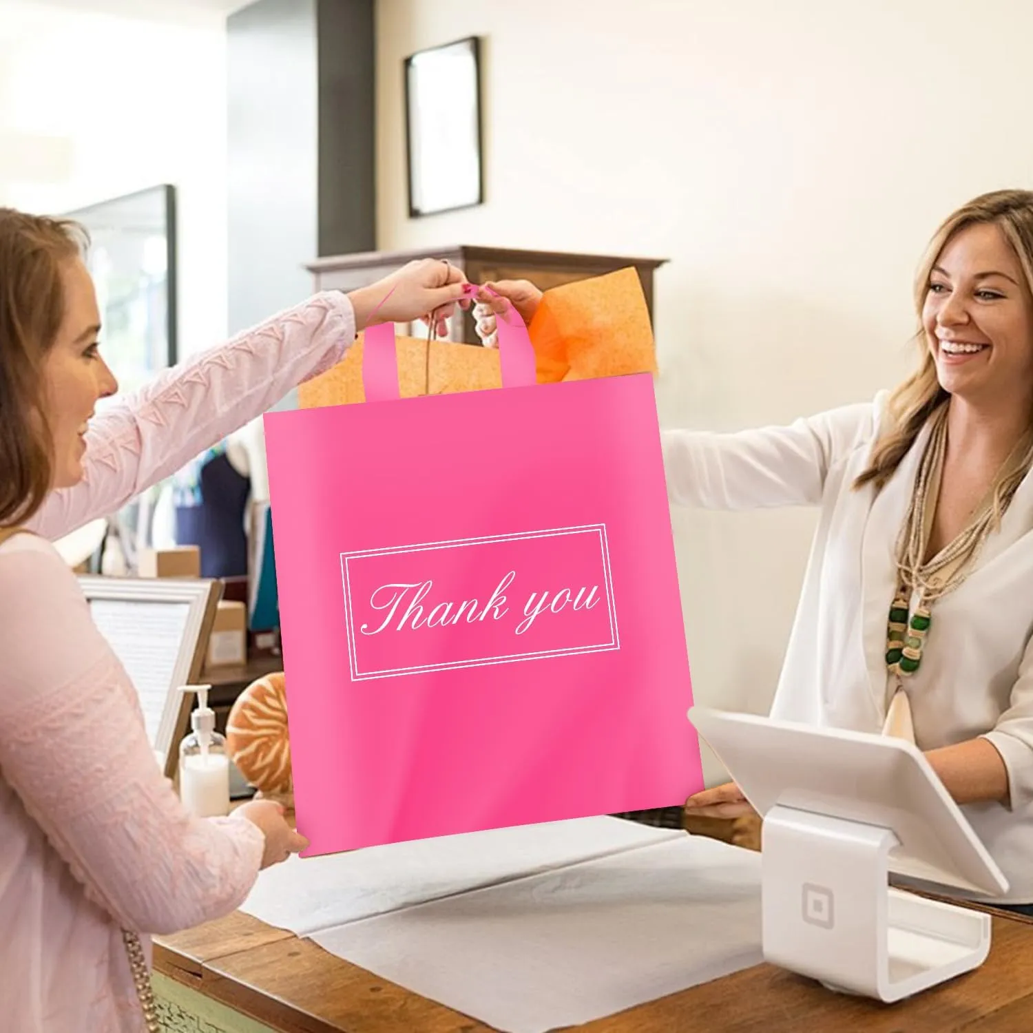 Tote Bags, Small & Medium, White & Pink, Reusable Plastic Shopping Bags with Handle & Slip Pocket