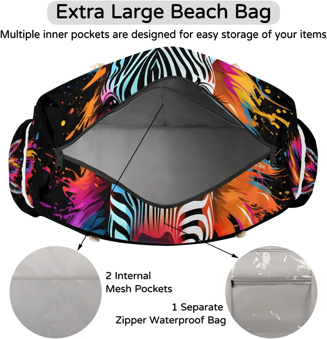 Tote Beach Bag for Women Large Zipper Beach Bags Waterproof Sandproof Gym Swim Pool Travel Bag