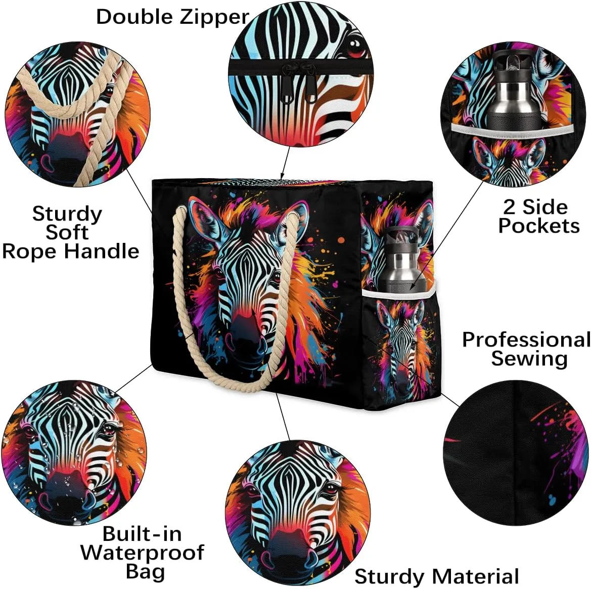 Tote Beach Bag for Women Large Zipper Beach Bags Waterproof Sandproof Gym Swim Pool Travel Bag