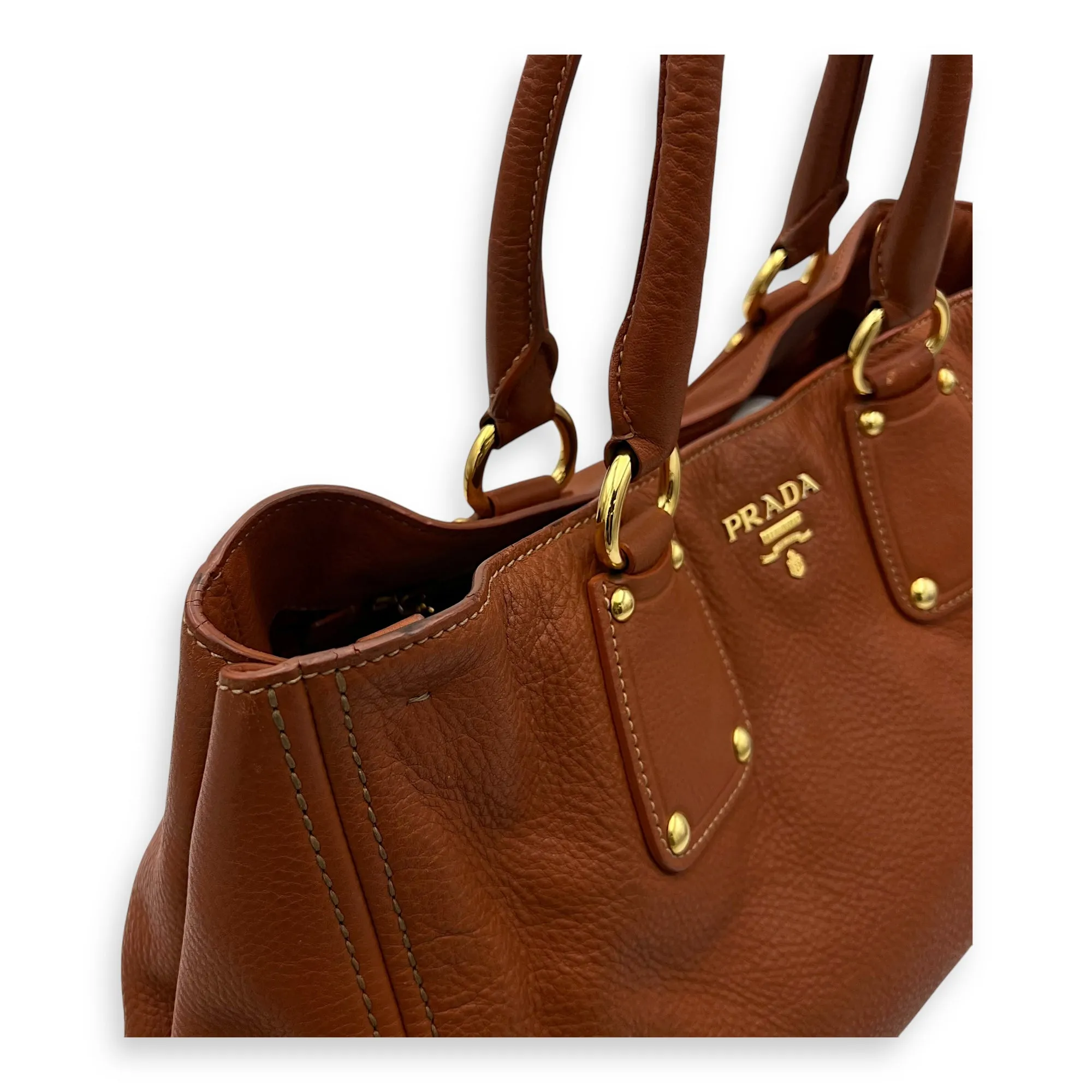 Tote Top Handle Bag Medium Orange in Calfskin, Gold hardware