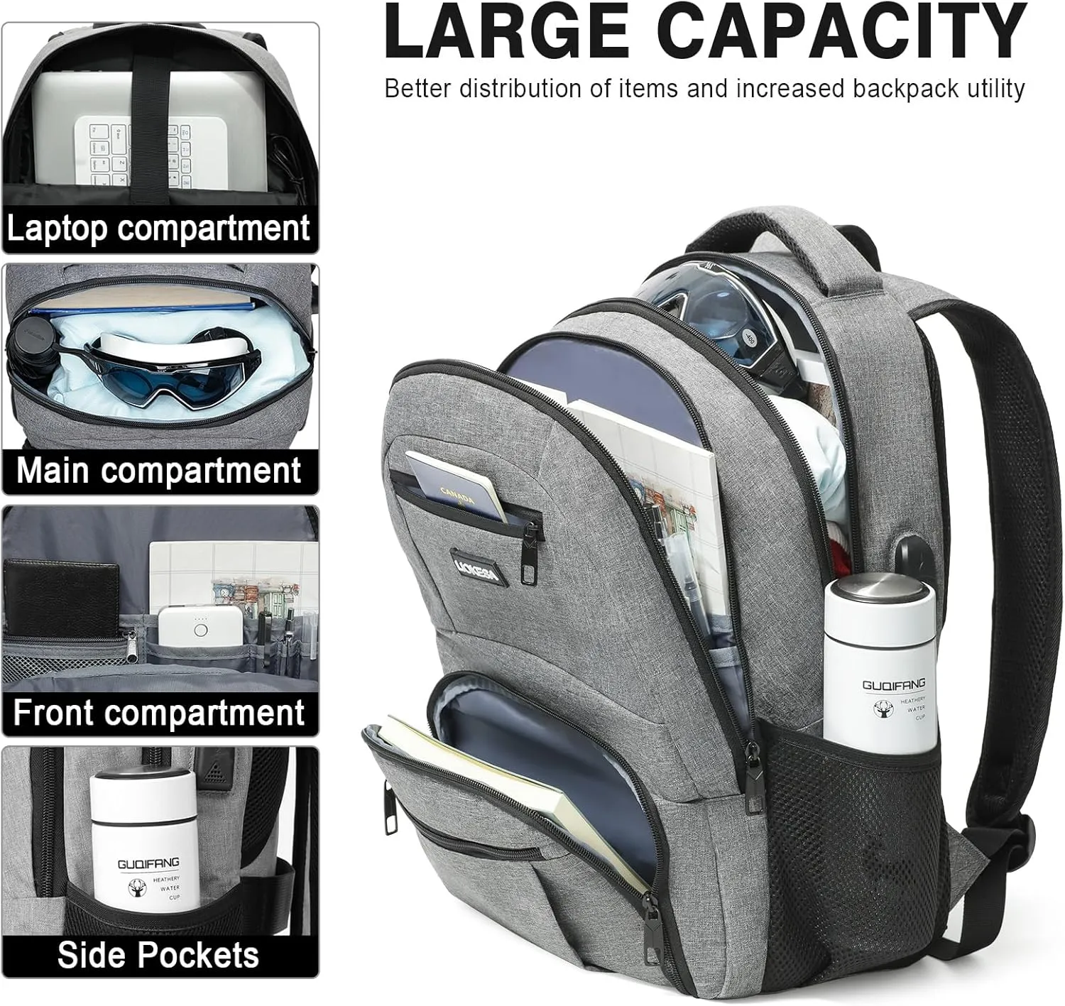 Travel Backpack, Large Laptop Backpack with USB Charging Port, Anti Theft Slim School Backpack for Men, Business Water Resistant College Bookbag Fits 17.3 Inch Computer Backpack, Grey