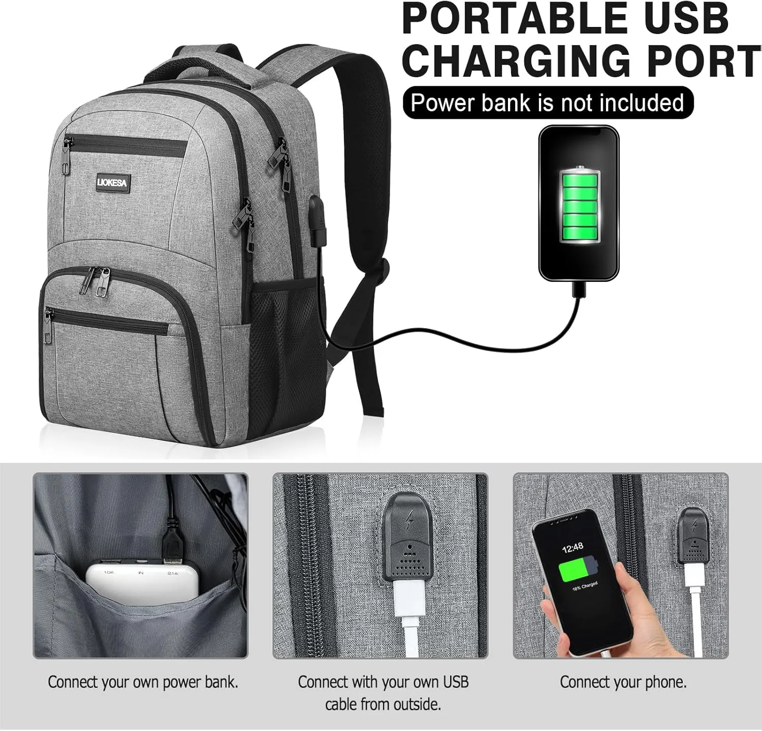 Travel Backpack, Large Laptop Backpack with USB Charging Port, Anti Theft Slim School Backpack for Men, Business Water Resistant College Bookbag Fits 17.3 Inch Computer Backpack, Grey