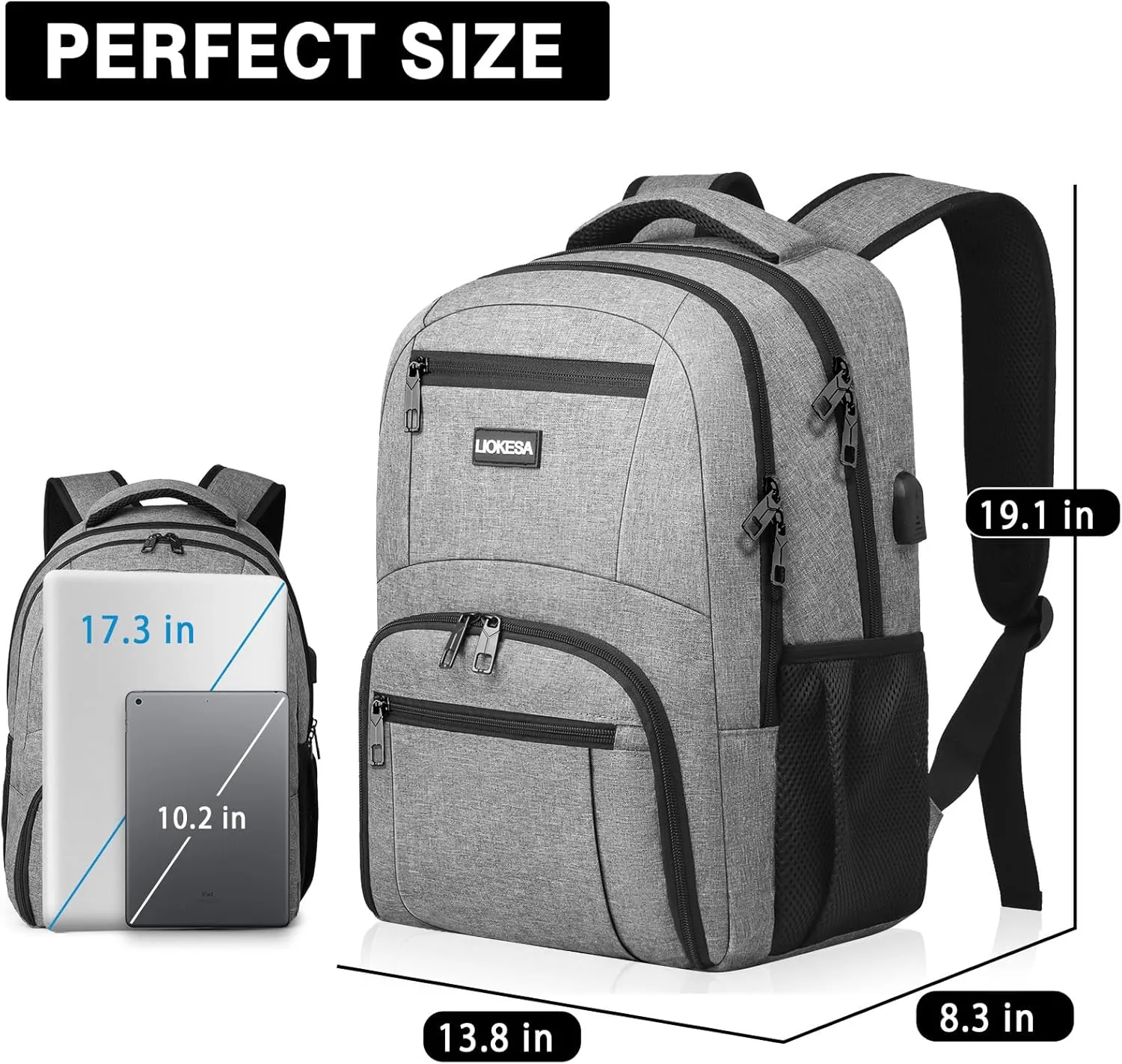 Travel Backpack, Large Laptop Backpack with USB Charging Port, Anti Theft Slim School Backpack for Men, Business Water Resistant College Bookbag Fits 17.3 Inch Computer Backpack, Grey