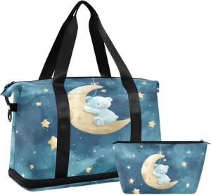 Travel Duffel Bag Bears Crawl on The Moon Gym Duffel Bag for Men & Women with Shoe & Wet Compartment Shoulder Weekender Overnight Bag