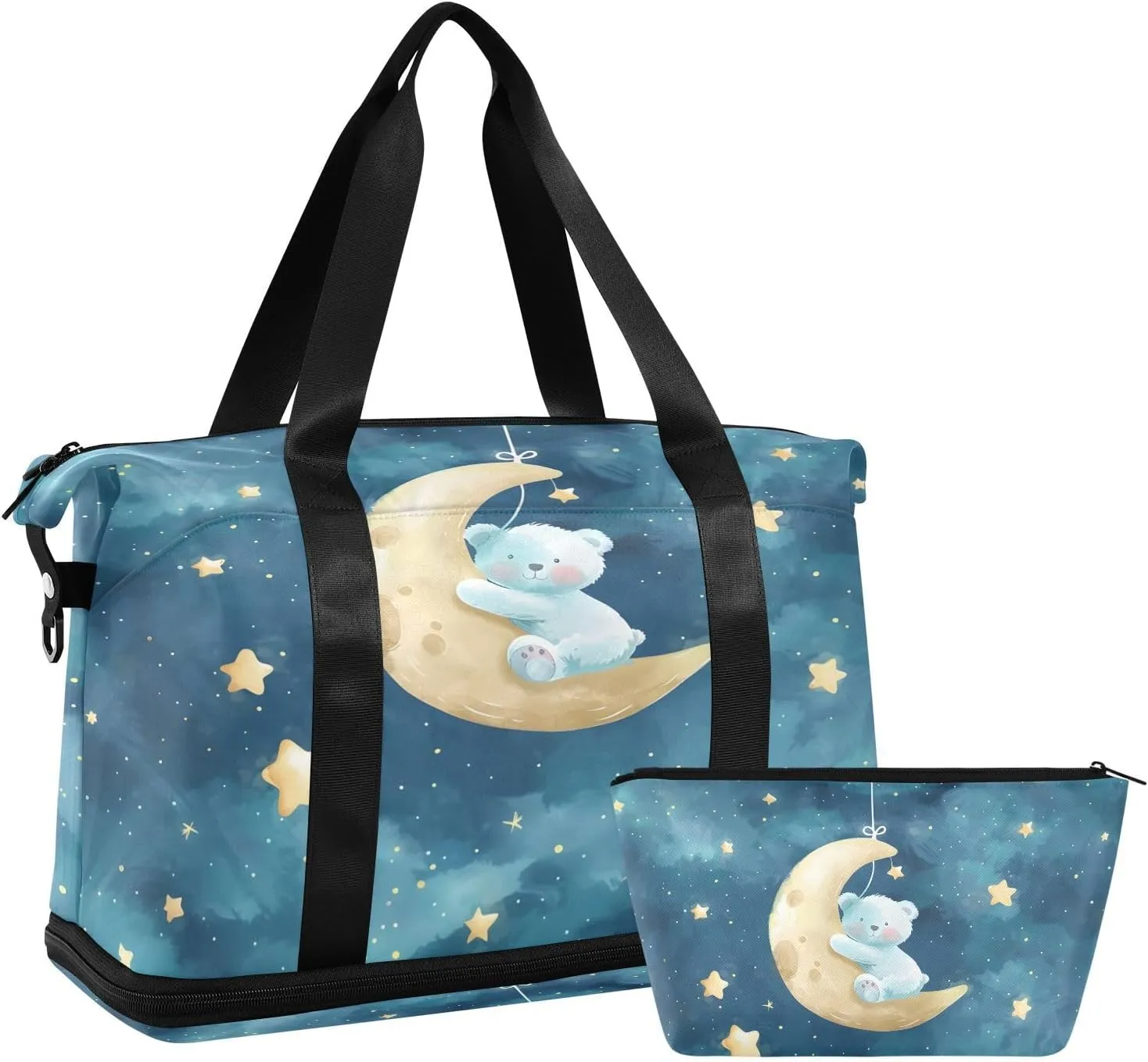 Travel Duffel Bag Bears Crawl on The Moon Gym Duffel Bag for Men & Women with Shoe & Wet Compartment Shoulder Weekender Overnight Bag