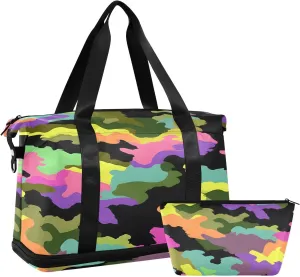 Travel Duffel Bag Colorful Leopard Print Pattern Foldable Sports Tote Gym Bag with Shoe & Wet Compartment Shoulder Carry on Luggage Duffel Weekender Overnight for Men Women