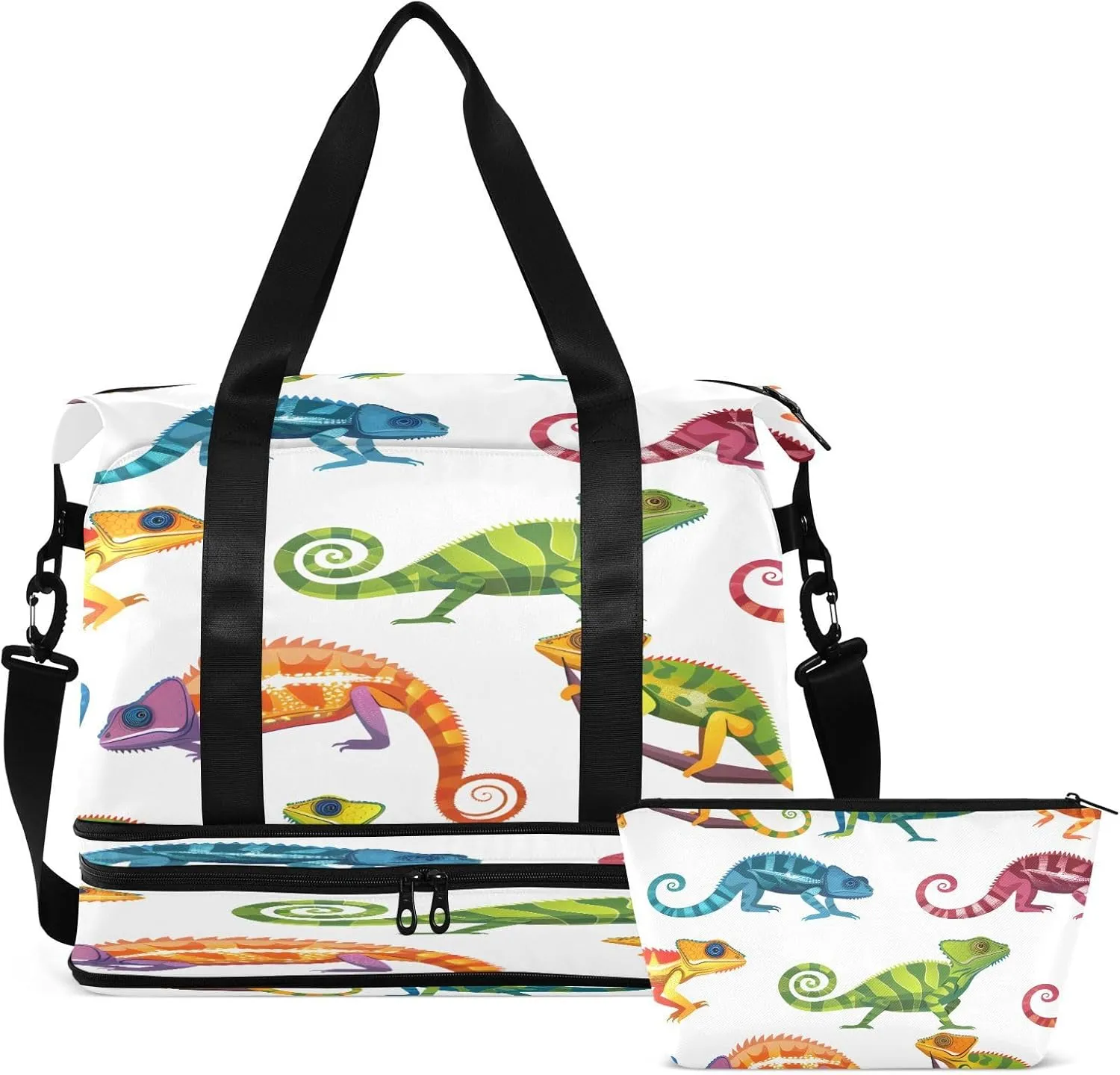 Travel Duffel Bag Colorful Lizard Gym Duffel Bag for Men & Women with Shoe & Wet Compartment Shoulder Weekender Overnight Bag