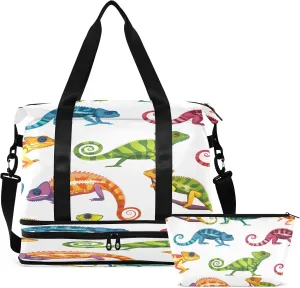 Travel Duffel Bag Colorful Lizard Gym Duffel Bag for Men & Women with Shoe & Wet Compartment Shoulder Weekender Overnight Bag