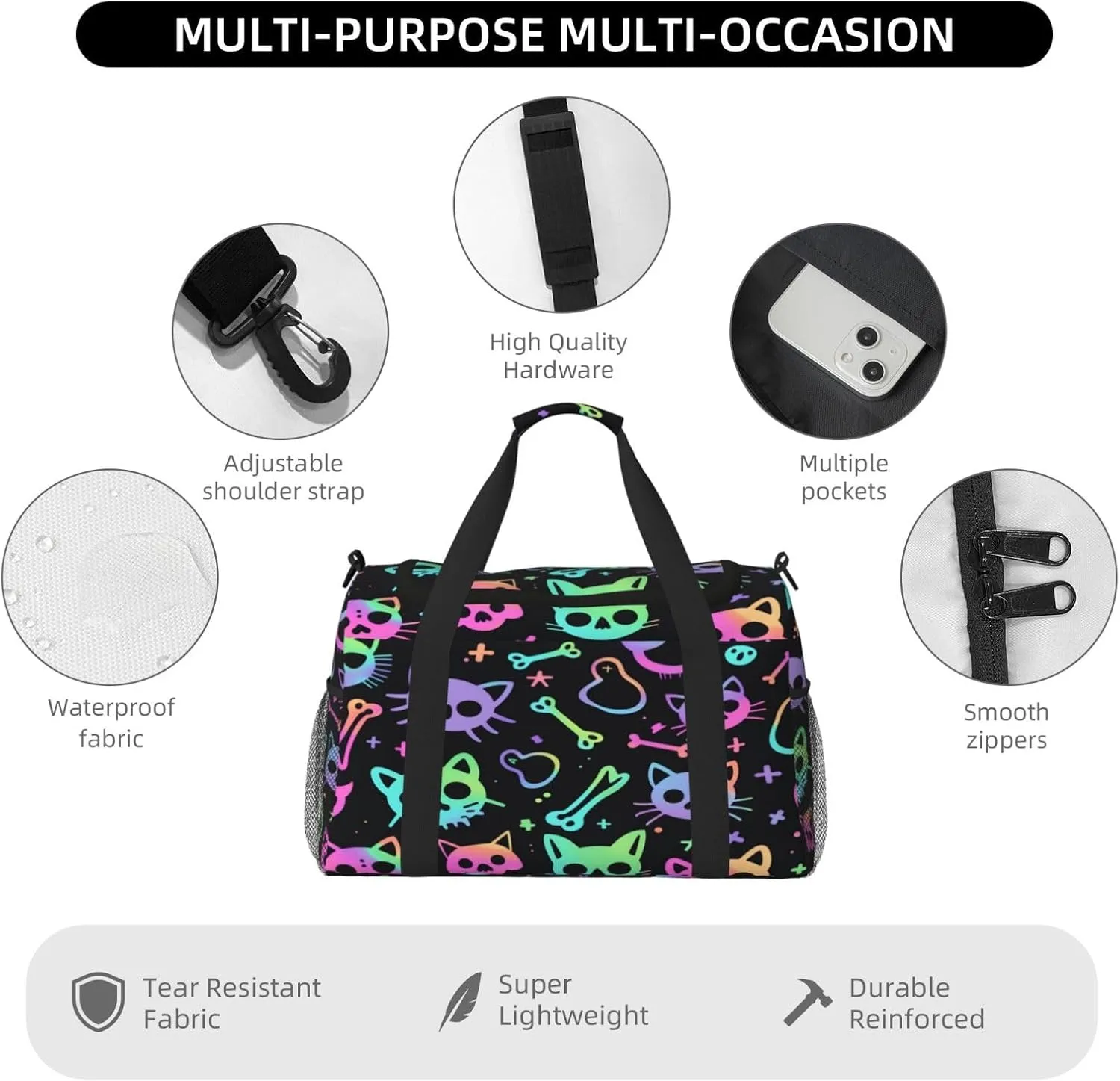 Travel Duffel Bag For Men Women, Colorful Halloween Cat Sugar Skull Carry On Sport Gym Bag With Shoulder Strap Lightweight Waterproof Weekender Bag Overnight Bag