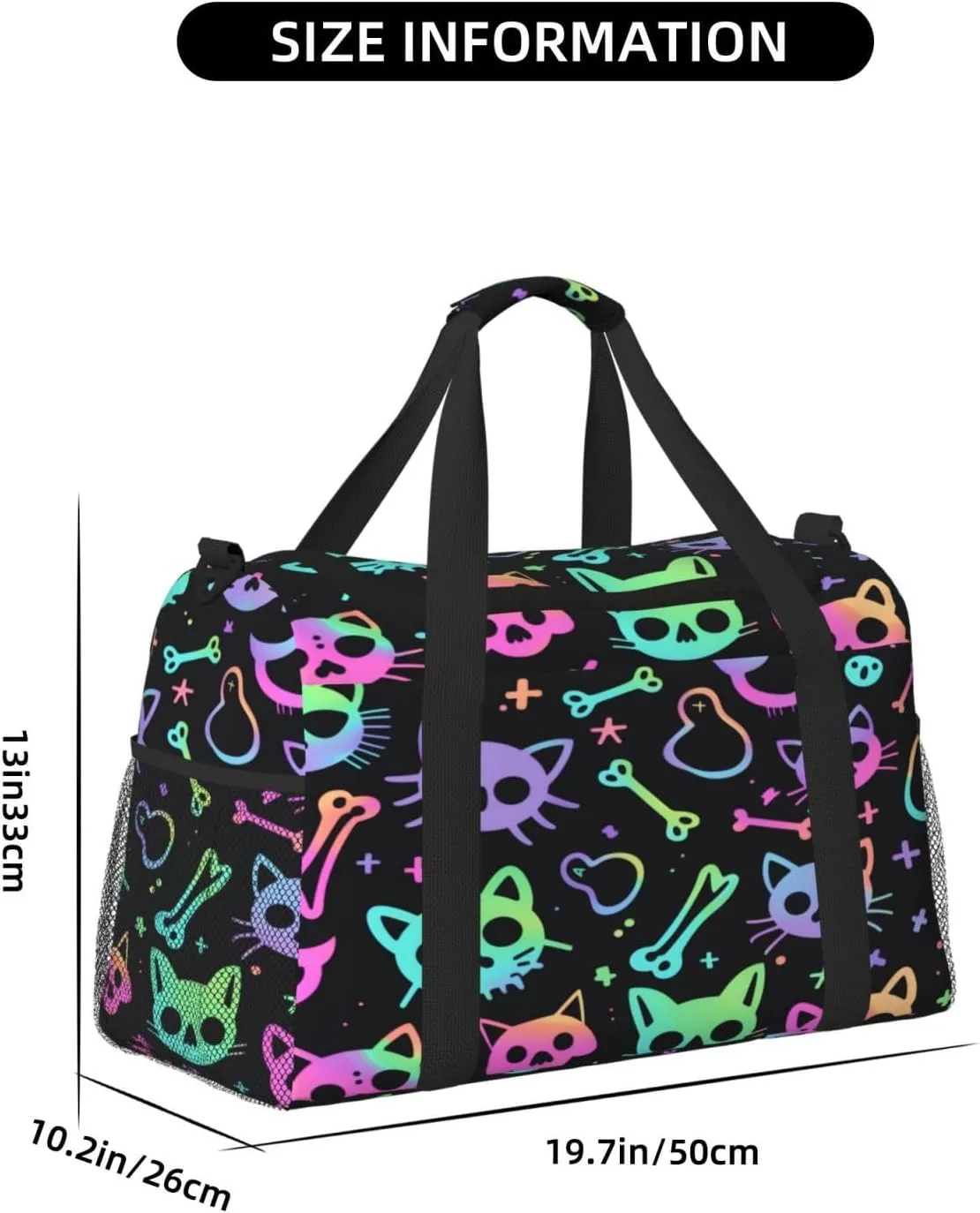 Travel Duffel Bag For Men Women, Colorful Halloween Cat Sugar Skull Carry On Sport Gym Bag With Shoulder Strap Lightweight Waterproof Weekender Bag Overnight Bag