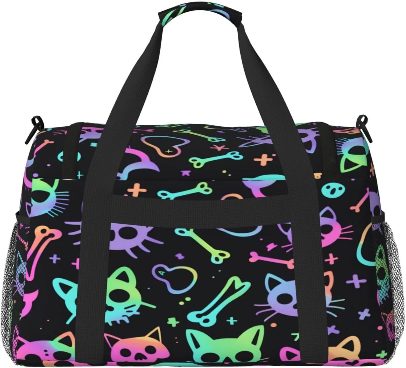 Travel Duffel Bag For Men Women, Colorful Halloween Cat Sugar Skull Carry On Sport Gym Bag With Shoulder Strap Lightweight Waterproof Weekender Bag Overnight Bag