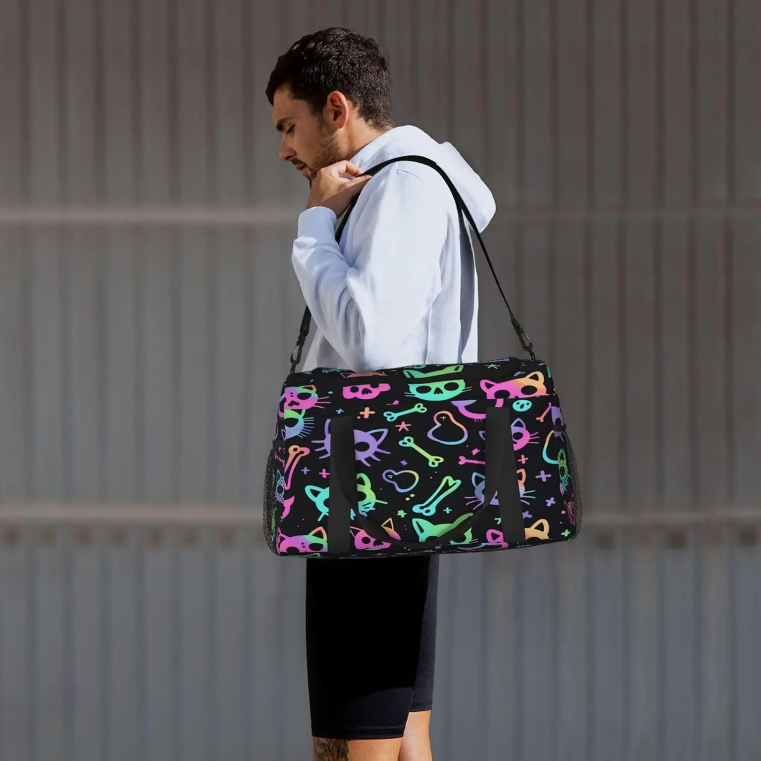 Travel Duffel Bag For Men Women, Colorful Halloween Cat Sugar Skull Carry On Sport Gym Bag With Shoulder Strap Lightweight Waterproof Weekender Bag Overnight Bag