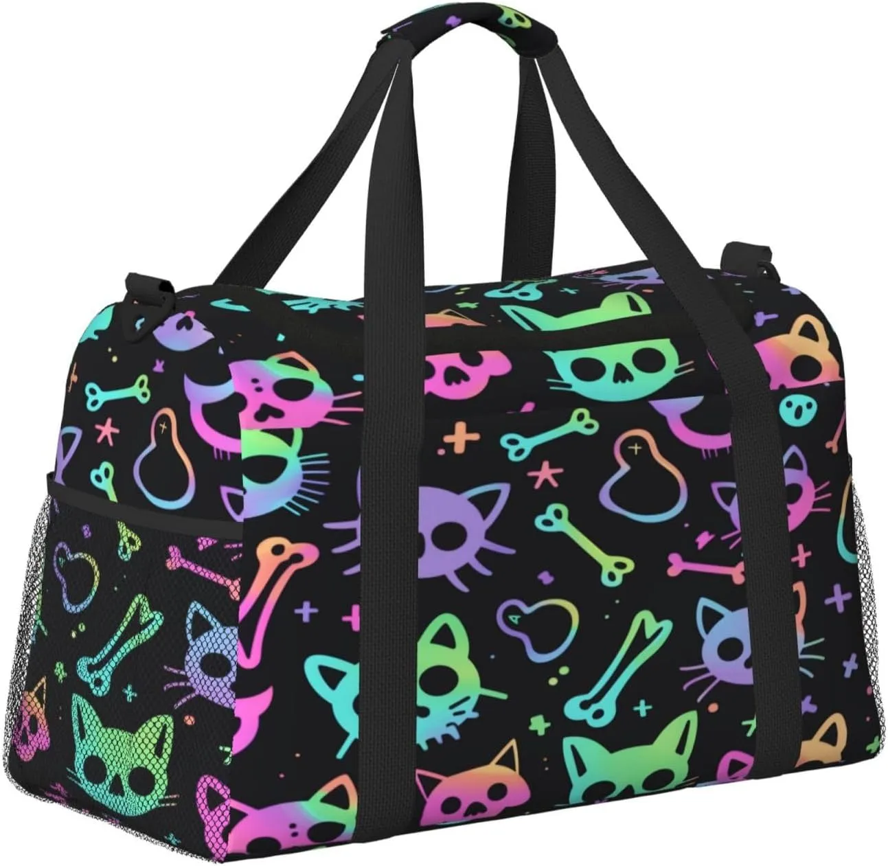 Travel Duffel Bag For Men Women, Colorful Halloween Cat Sugar Skull Carry On Sport Gym Bag With Shoulder Strap Lightweight Waterproof Weekender Bag Overnight Bag