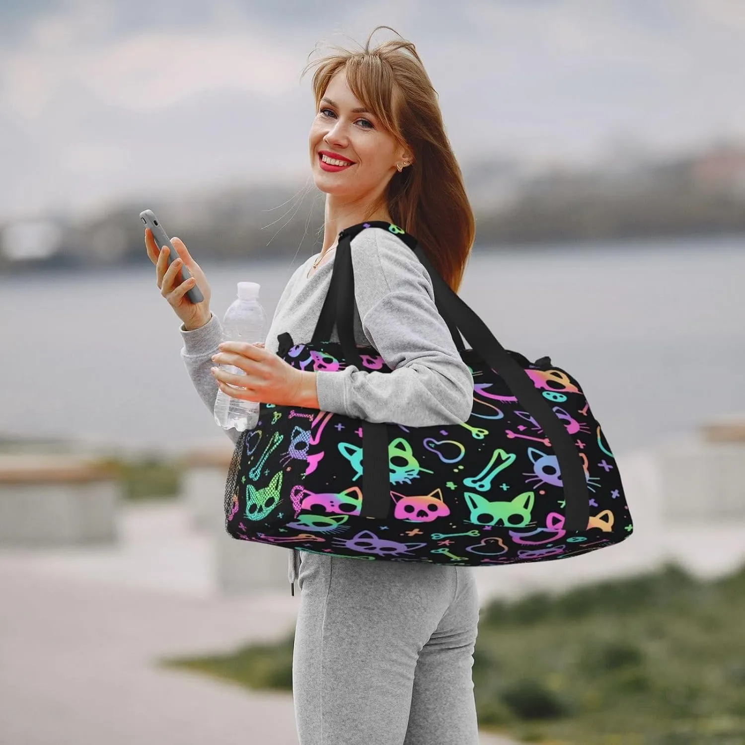 Travel Duffel Bag For Men Women, Colorful Halloween Cat Sugar Skull Carry On Sport Gym Bag With Shoulder Strap Lightweight Waterproof Weekender Bag Overnight Bag