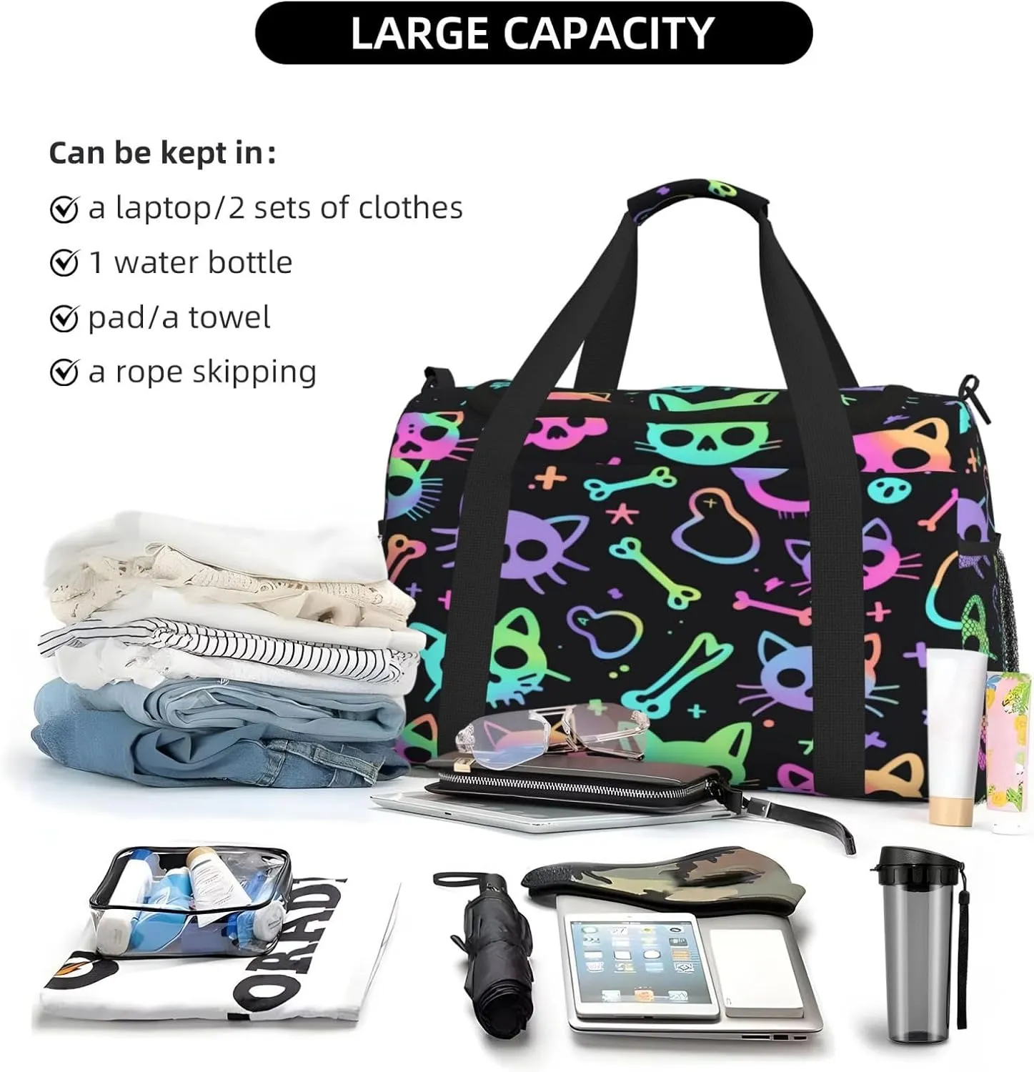 Travel Duffel Bag For Men Women, Colorful Halloween Cat Sugar Skull Carry On Sport Gym Bag With Shoulder Strap Lightweight Waterproof Weekender Bag Overnight Bag