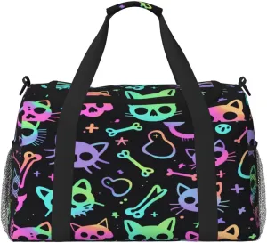 Travel Duffel Bag For Men Women, Colorful Halloween Cat Sugar Skull Carry On Sport Gym Bag With Shoulder Strap Lightweight Waterproof Weekender Bag Overnight Bag