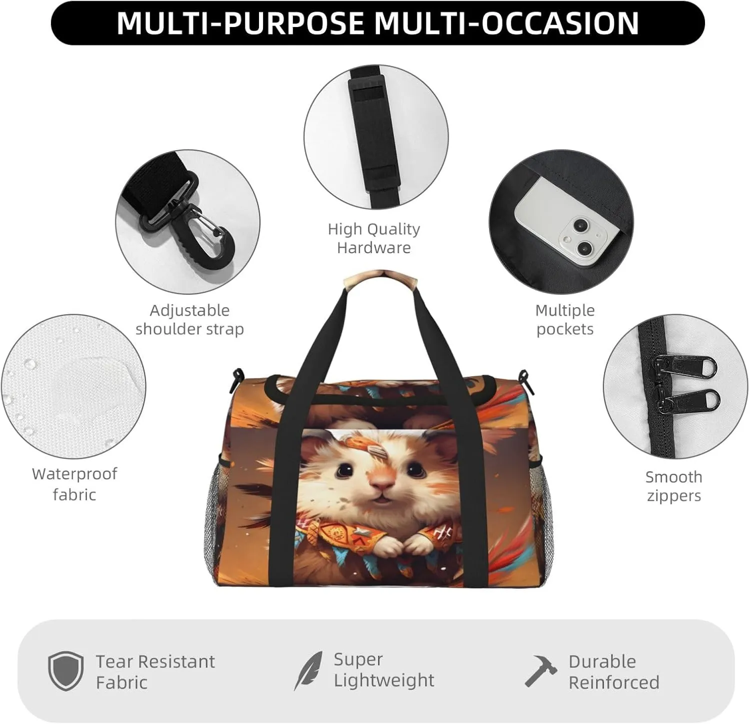Travel Duffel Bag For Men Women, Cute Indian Hedgehog Carry On Sport Gym Bag With Shoulder Strap Lightweight Waterproof Weekender Bag Overnight Bag