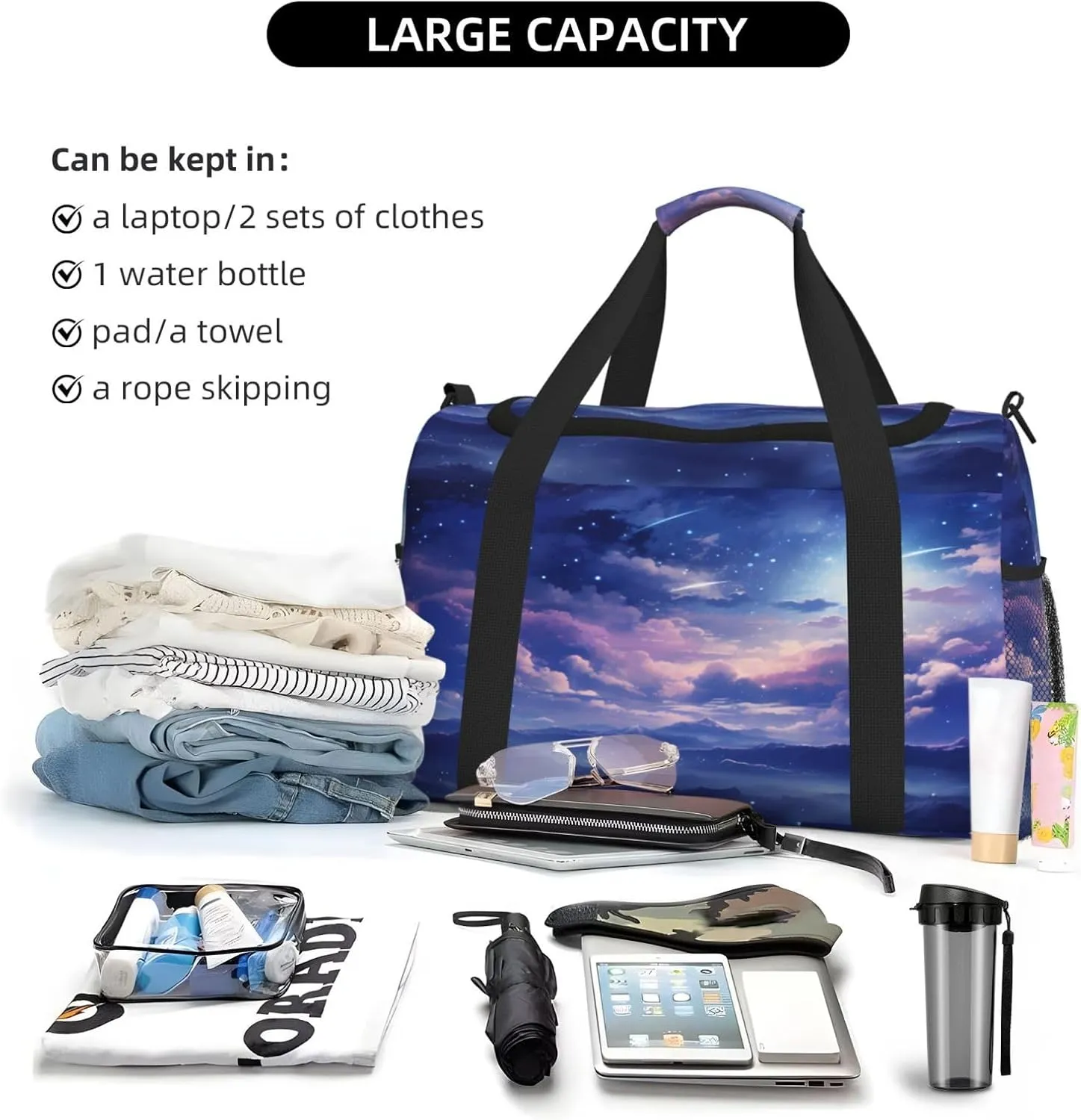 Travel Duffel Bag For Men Women, Fantasy Purple Nebula Starry Sky Carry On Sport Gym Bag With Shoulder Strap Lightweight Waterproof Weekender Bag Overnight Bag
