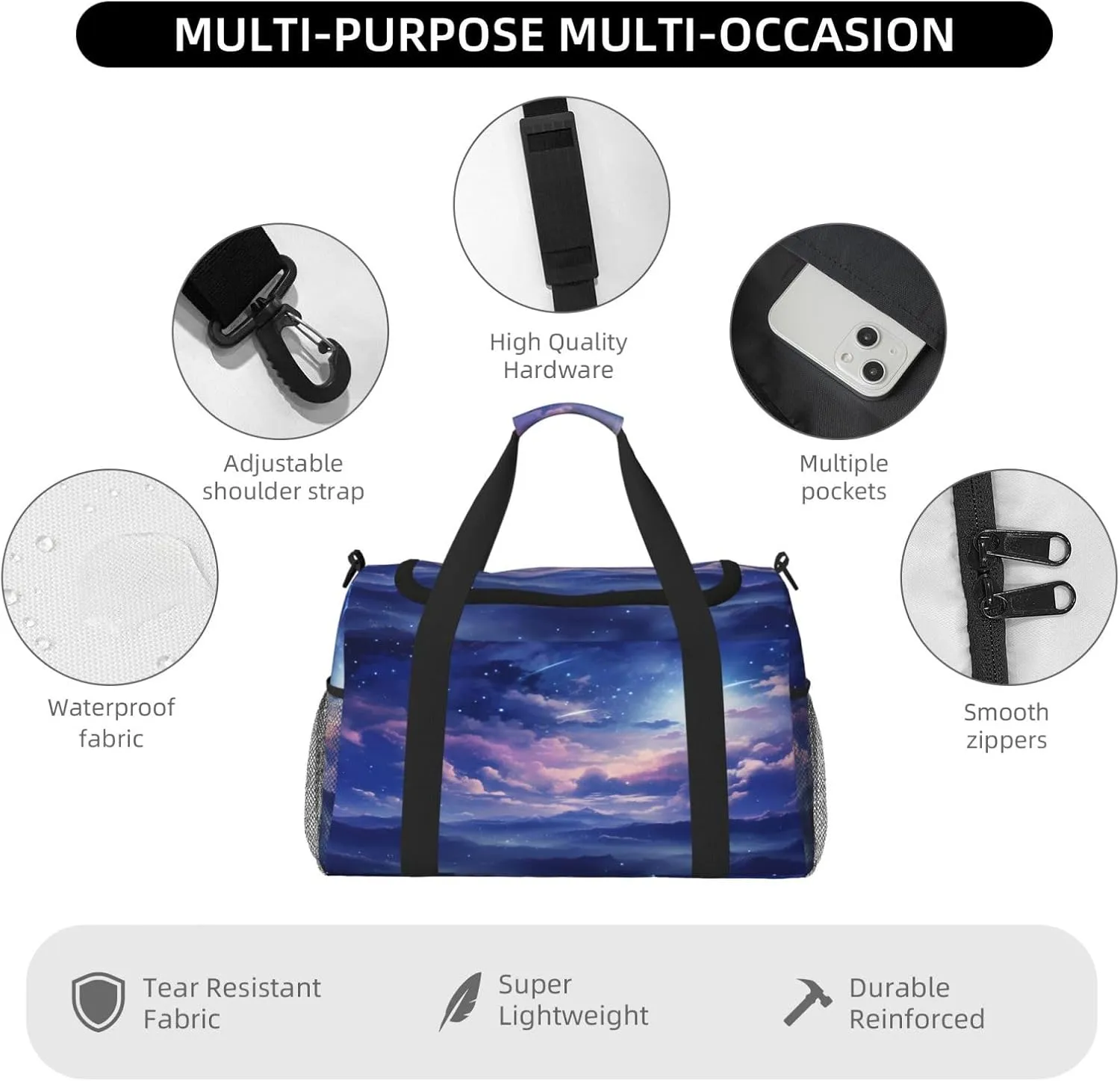 Travel Duffel Bag For Men Women, Fantasy Purple Nebula Starry Sky Carry On Sport Gym Bag With Shoulder Strap Lightweight Waterproof Weekender Bag Overnight Bag