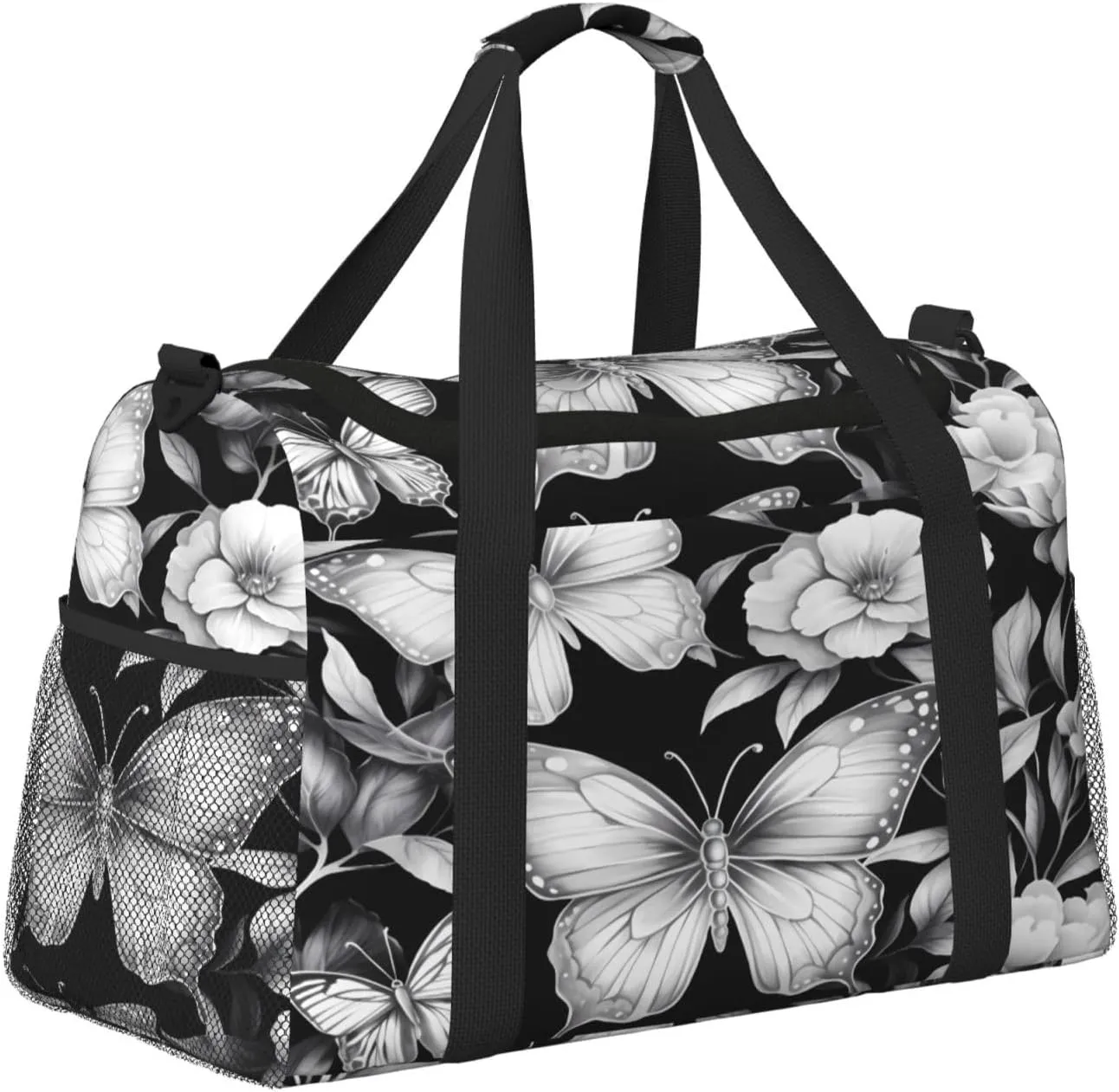 Travel Duffel Bag For Men Women, Flora Butterflies Pattern Carry On Sport Gym Bag With Shoulder Strap Lightweight Waterproof Weekender Bag Overnight Bag