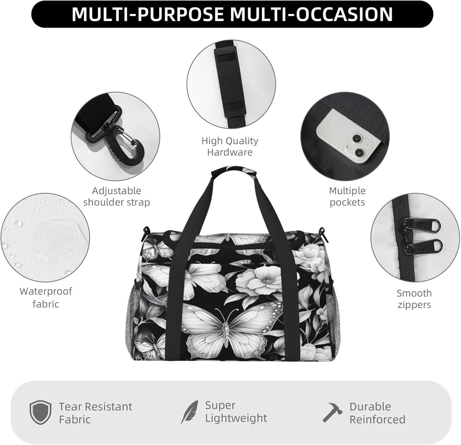 Travel Duffel Bag For Men Women, Flora Butterflies Pattern Carry On Sport Gym Bag With Shoulder Strap Lightweight Waterproof Weekender Bag Overnight Bag