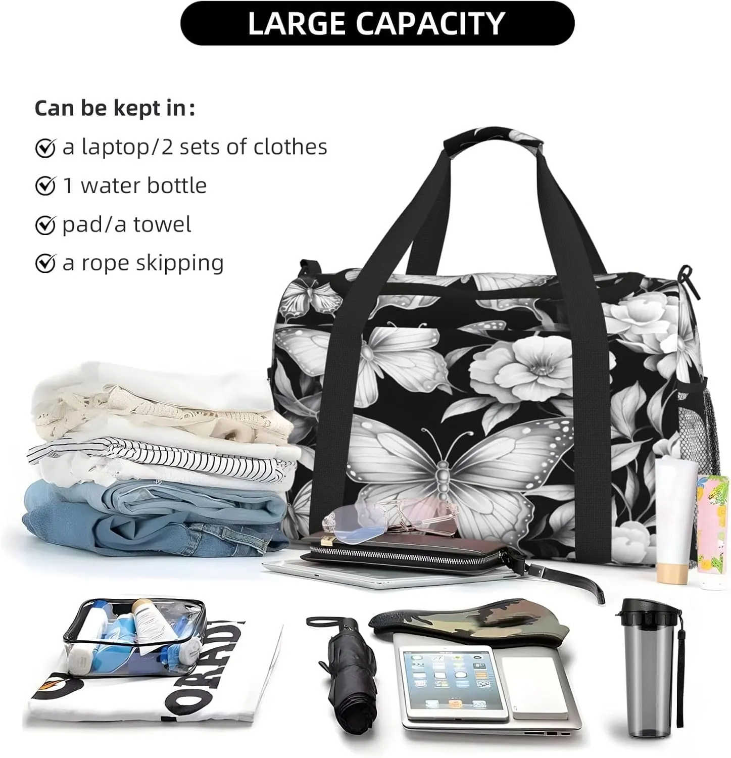 Travel Duffel Bag For Men Women, Flora Butterflies Pattern Carry On Sport Gym Bag With Shoulder Strap Lightweight Waterproof Weekender Bag Overnight Bag