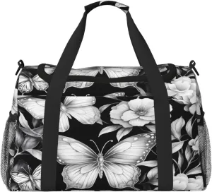 Travel Duffel Bag For Men Women, Flora Butterflies Pattern Carry On Sport Gym Bag With Shoulder Strap Lightweight Waterproof Weekender Bag Overnight Bag