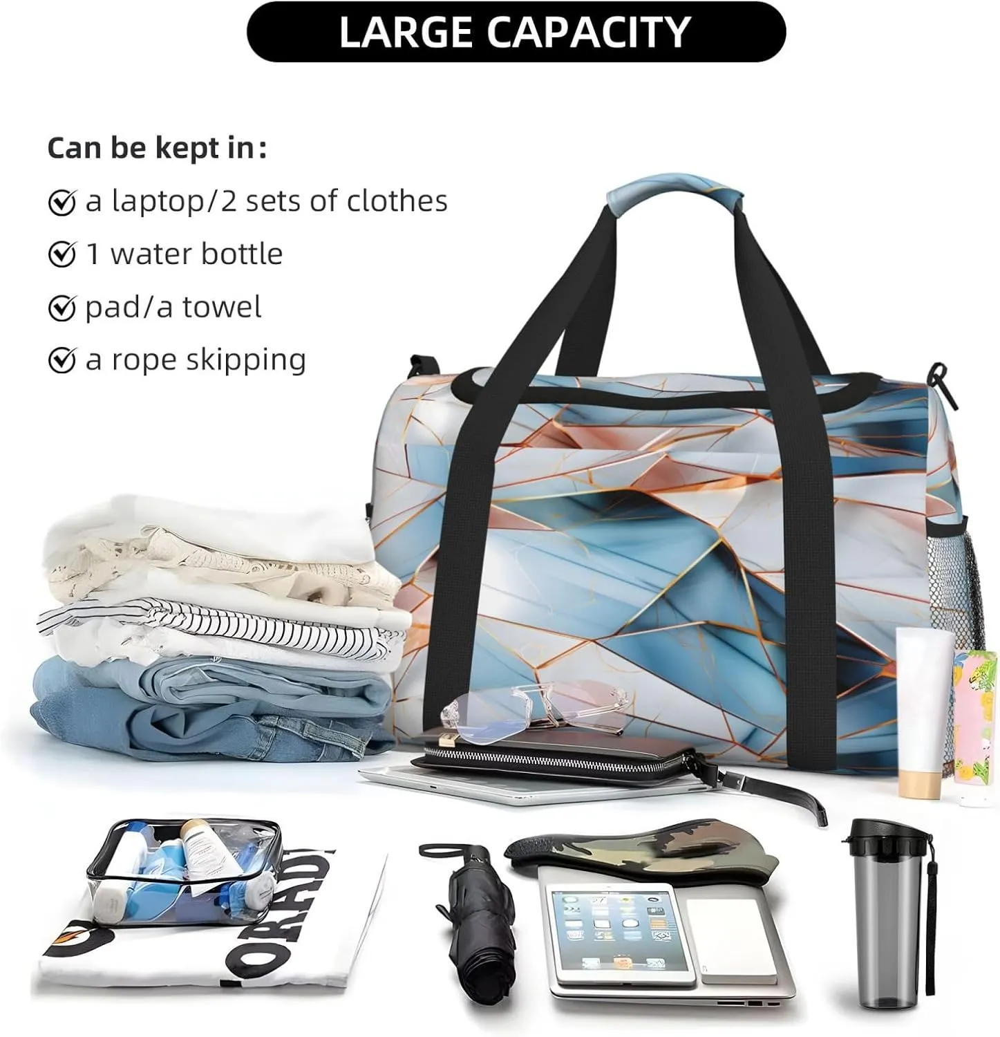 Travel Duffel Bag For Men Women, Pastel Turquoise Blue Marbles Pattern Carry On Sport Gym Bag With Shoulder Strap Lightweight Waterproof Weekender Bag Overnight Bag