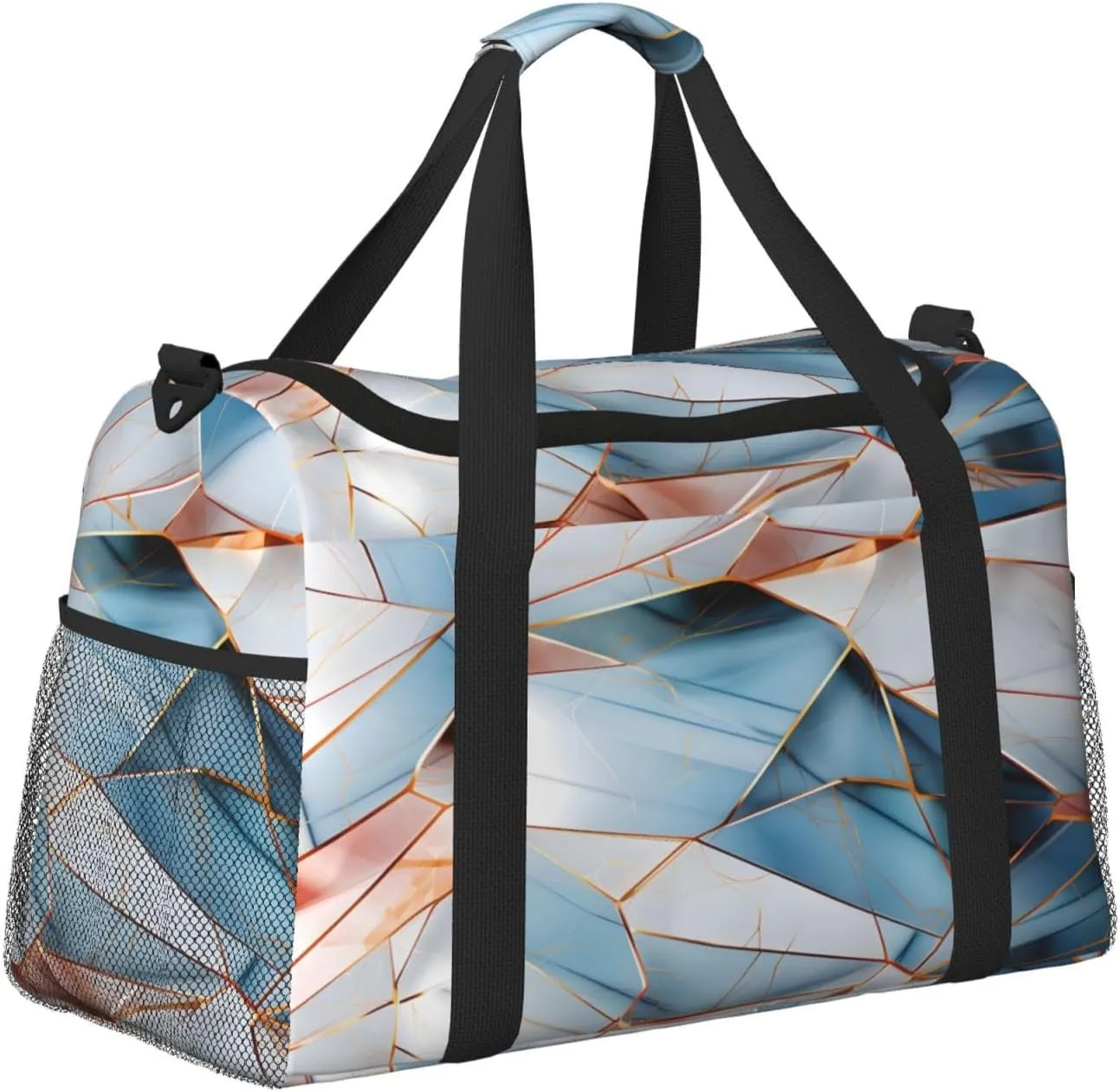 Travel Duffel Bag For Men Women, Pastel Turquoise Blue Marbles Pattern Carry On Sport Gym Bag With Shoulder Strap Lightweight Waterproof Weekender Bag Overnight Bag