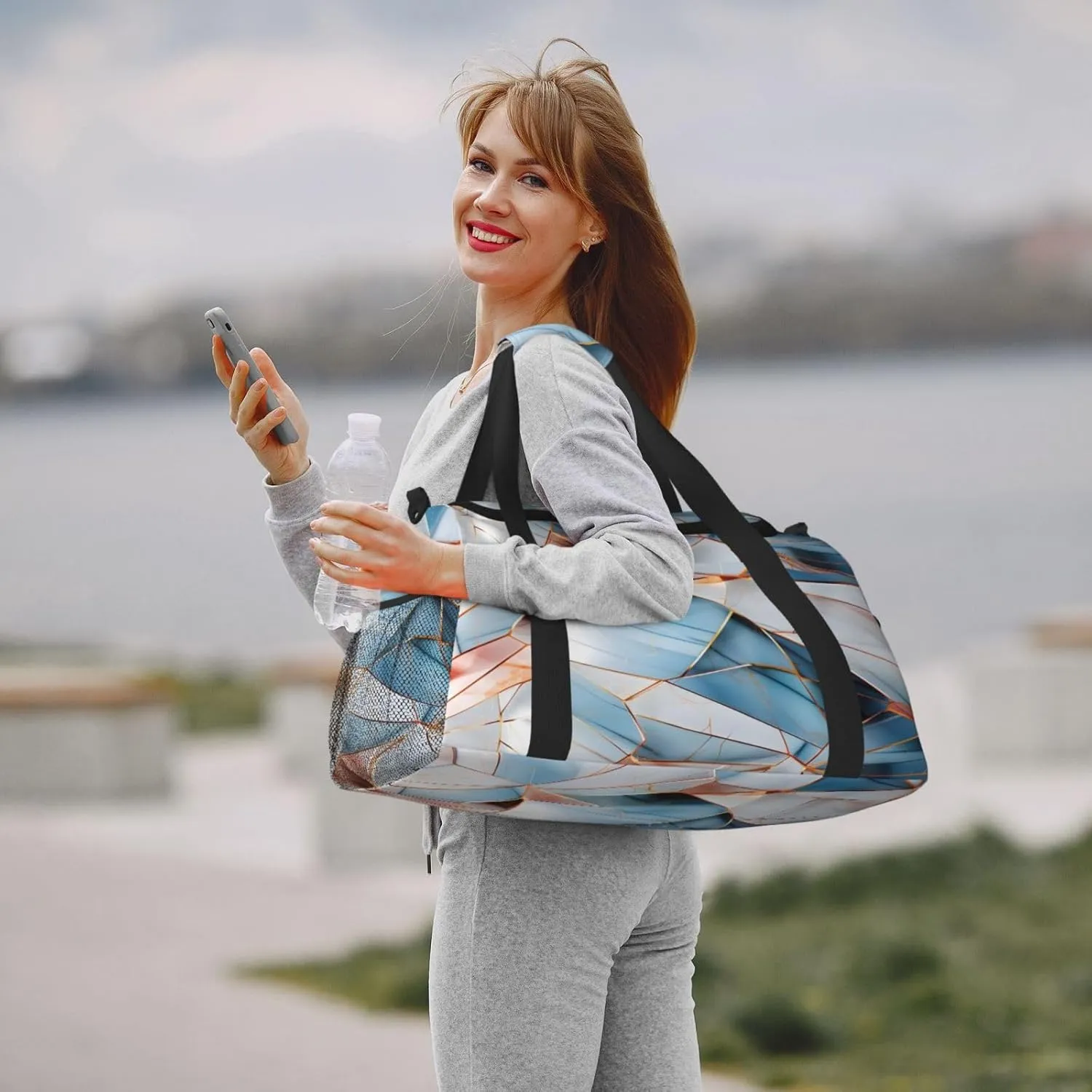 Travel Duffel Bag For Men Women, Pastel Turquoise Blue Marbles Pattern Carry On Sport Gym Bag With Shoulder Strap Lightweight Waterproof Weekender Bag Overnight Bag