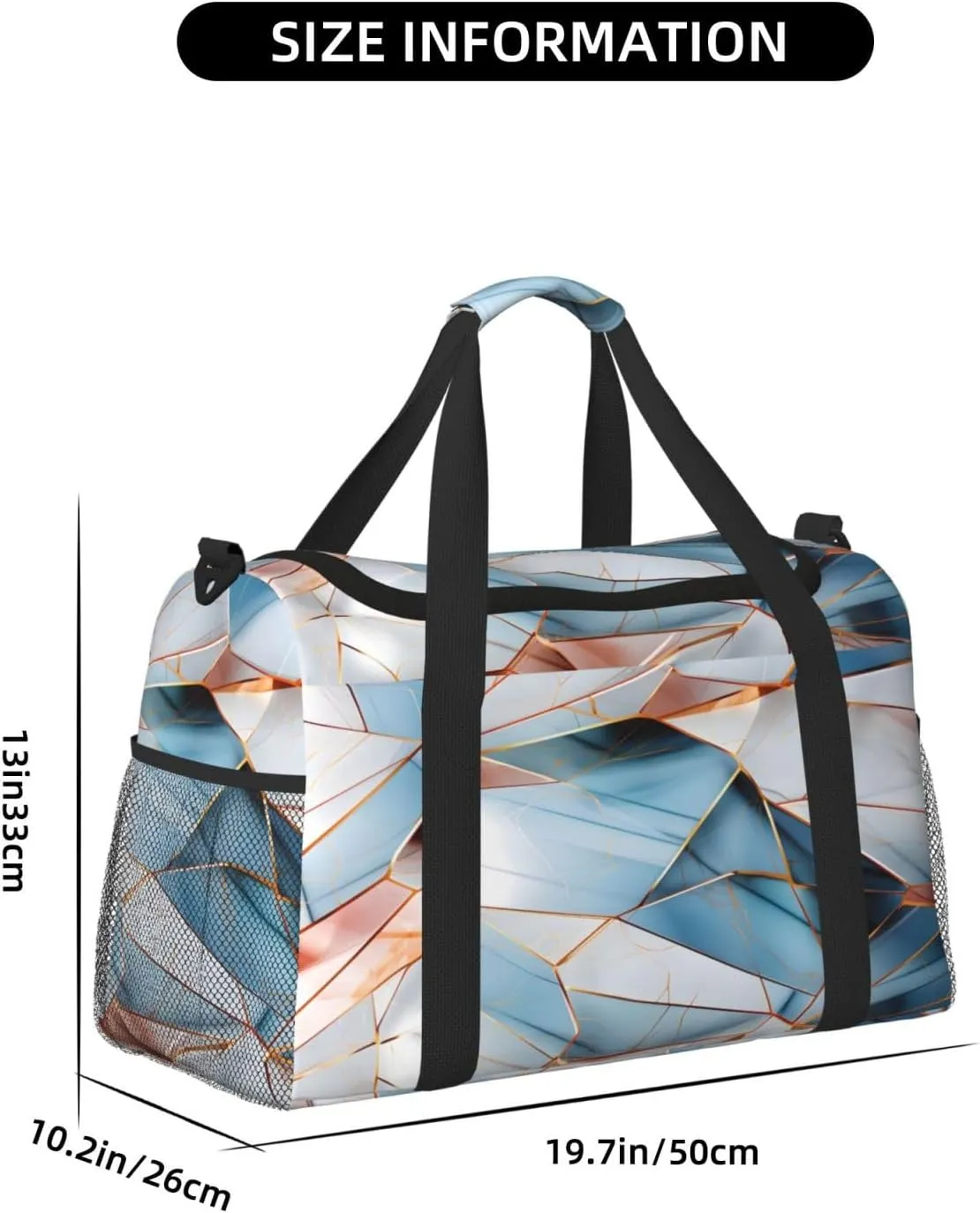 Travel Duffel Bag For Men Women, Pastel Turquoise Blue Marbles Pattern Carry On Sport Gym Bag With Shoulder Strap Lightweight Waterproof Weekender Bag Overnight Bag