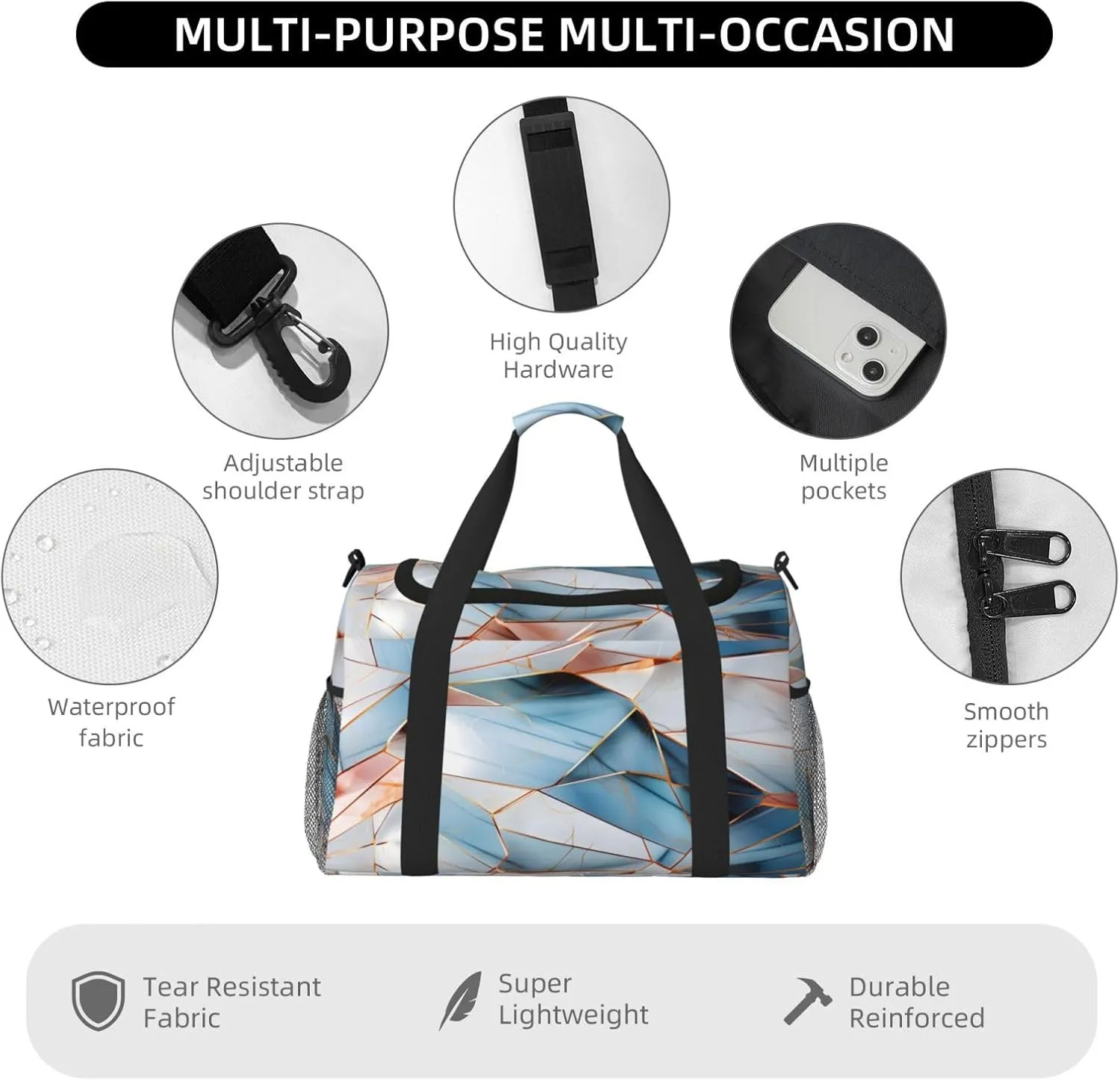 Travel Duffel Bag For Men Women, Pastel Turquoise Blue Marbles Pattern Carry On Sport Gym Bag With Shoulder Strap Lightweight Waterproof Weekender Bag Overnight Bag
