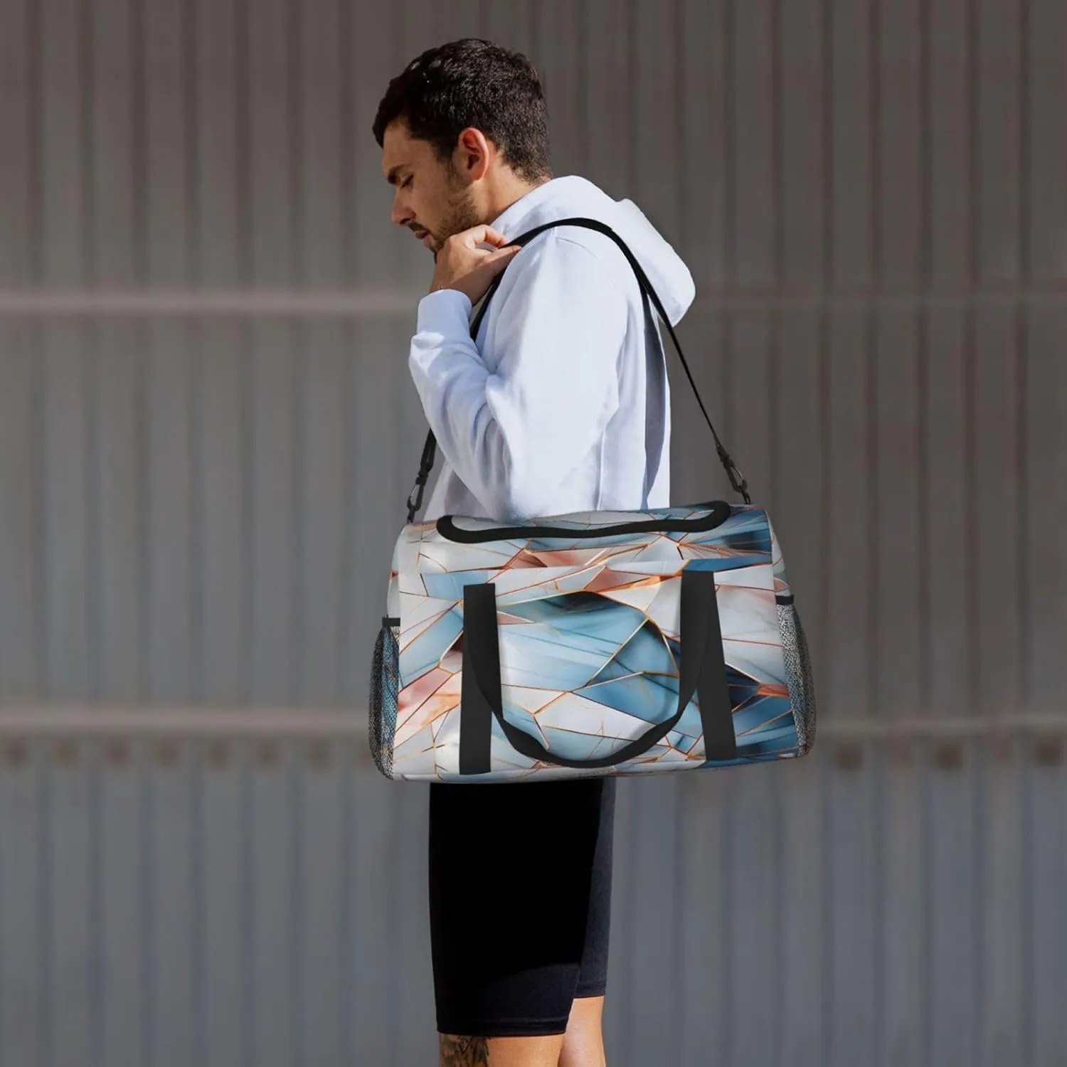 Travel Duffel Bag For Men Women, Pastel Turquoise Blue Marbles Pattern Carry On Sport Gym Bag With Shoulder Strap Lightweight Waterproof Weekender Bag Overnight Bag