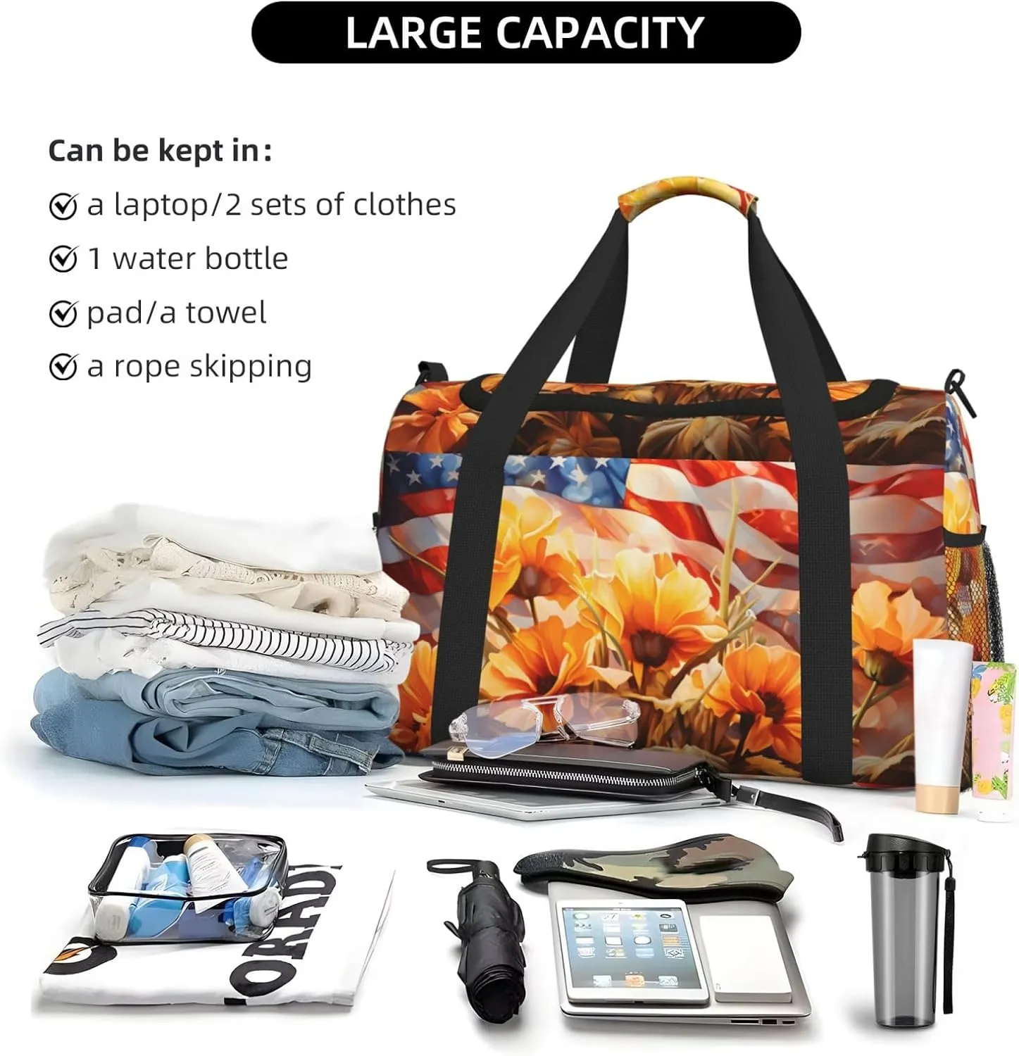 Travel Duffel Bag For Men Women, Usa Flag Flowers Painting Carry On Sport Gym Bag With Shoulder Strap Lightweight Waterproof Weekender Bag Overnight Bag