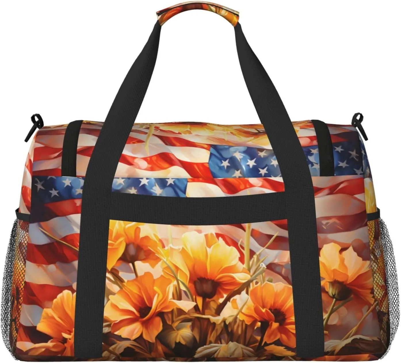Travel Duffel Bag For Men Women, Usa Flag Flowers Painting Carry On Sport Gym Bag With Shoulder Strap Lightweight Waterproof Weekender Bag Overnight Bag