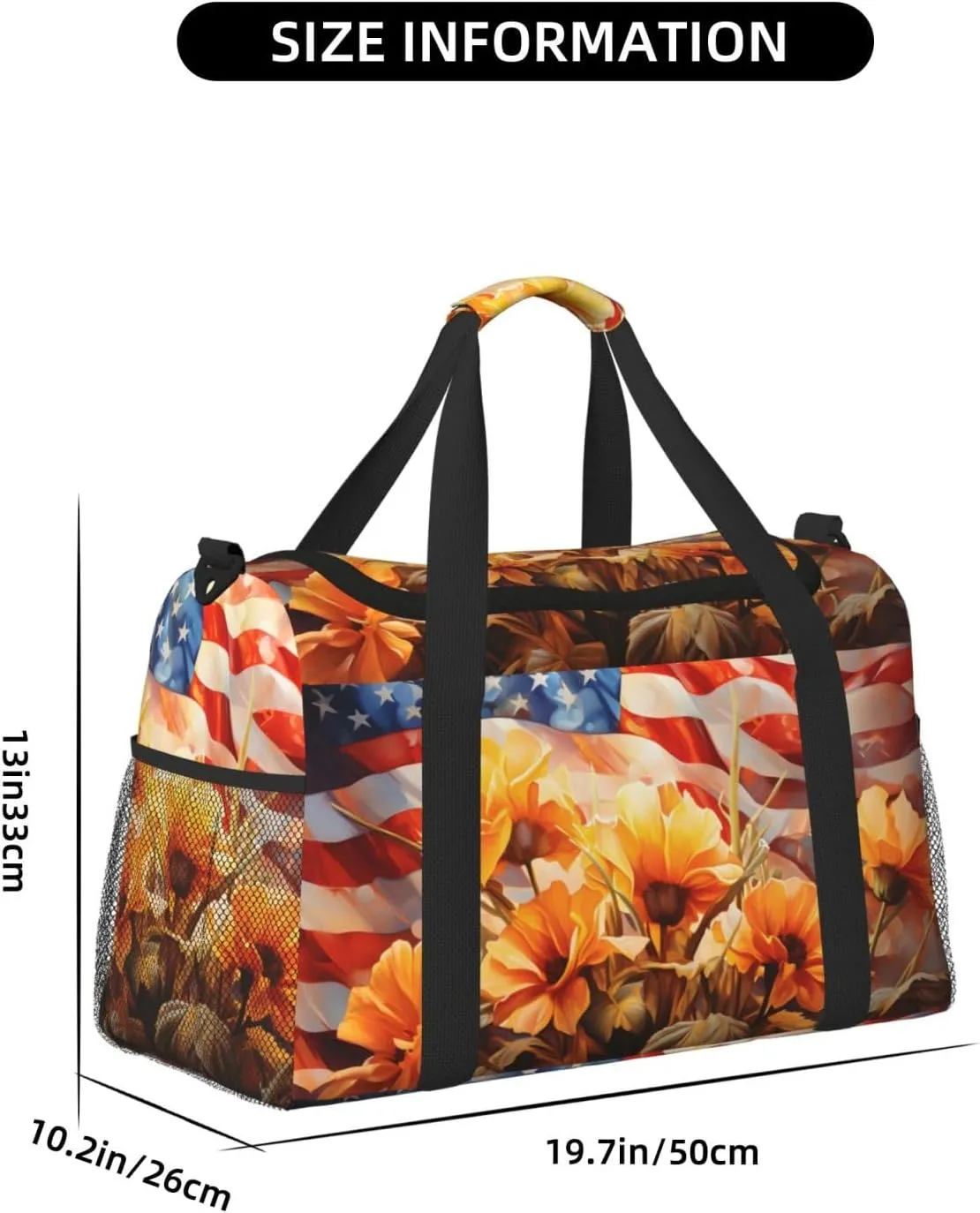 Travel Duffel Bag For Men Women, Usa Flag Flowers Painting Carry On Sport Gym Bag With Shoulder Strap Lightweight Waterproof Weekender Bag Overnight Bag