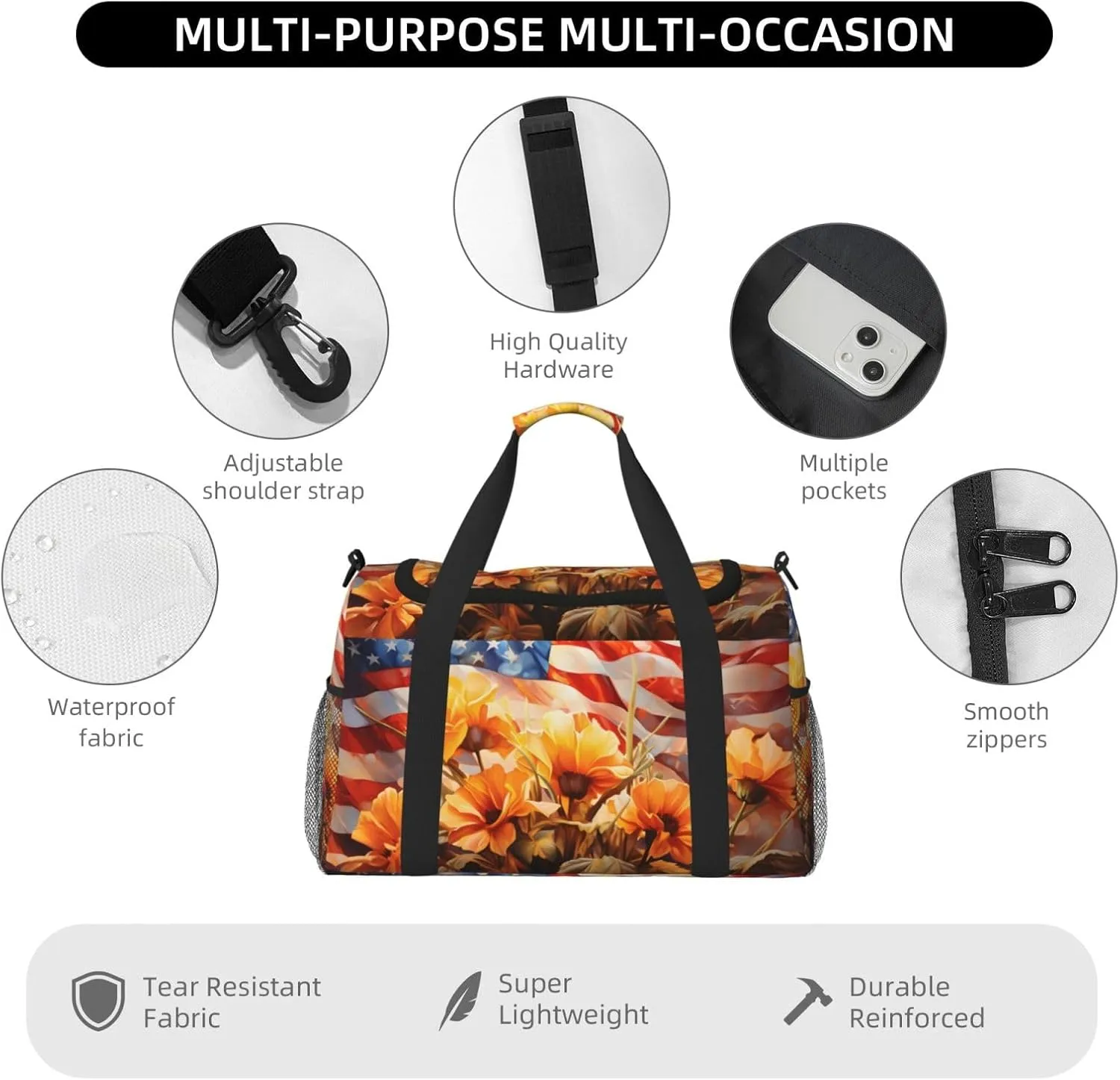 Travel Duffel Bag For Men Women, Usa Flag Flowers Painting Carry On Sport Gym Bag With Shoulder Strap Lightweight Waterproof Weekender Bag Overnight Bag