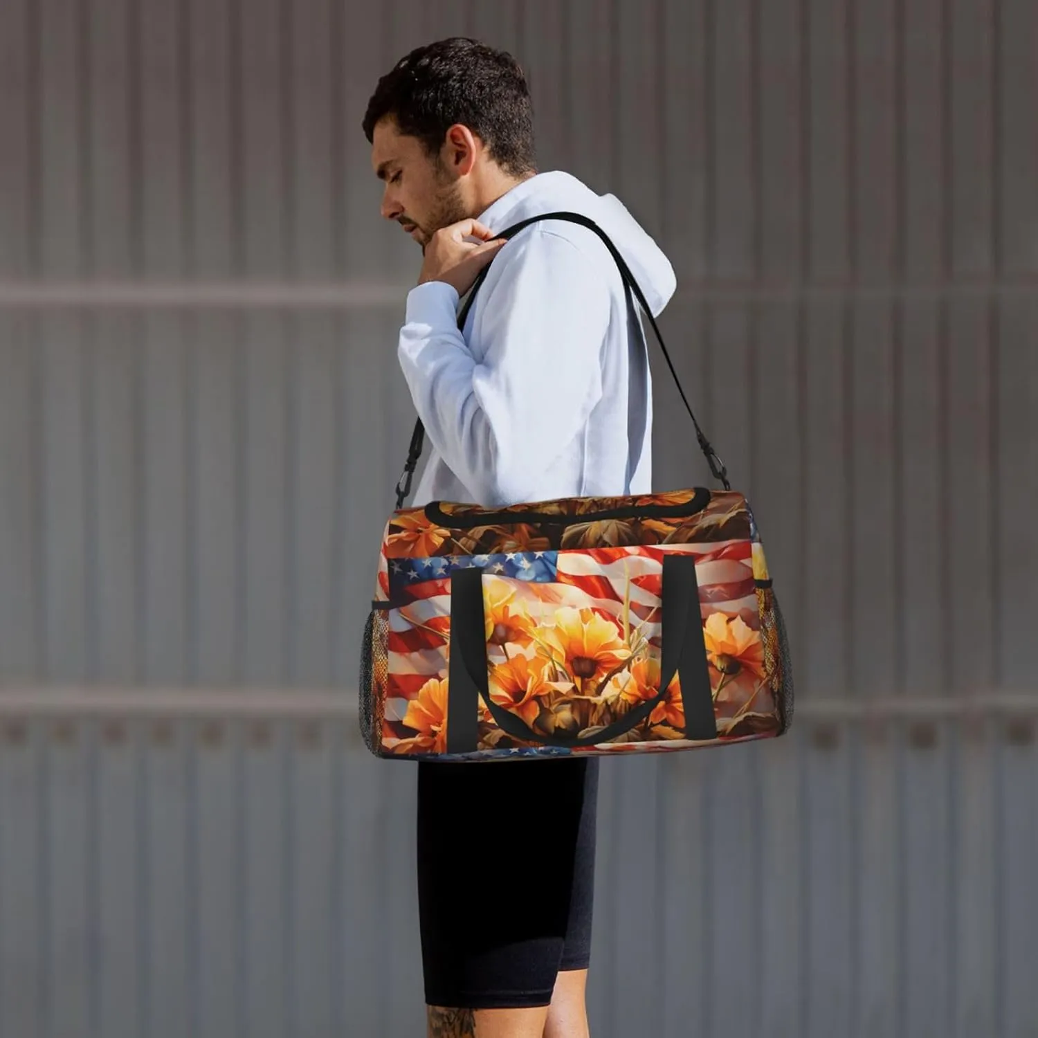 Travel Duffel Bag For Men Women, Usa Flag Flowers Painting Carry On Sport Gym Bag With Shoulder Strap Lightweight Waterproof Weekender Bag Overnight Bag