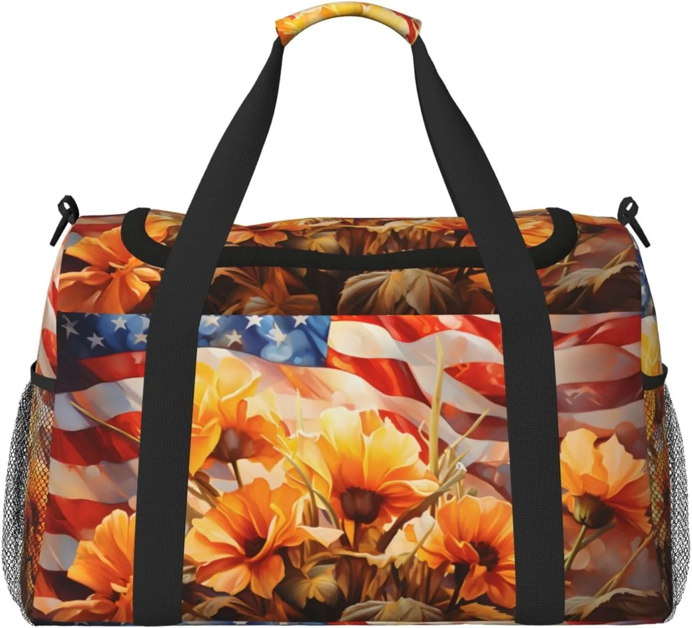 Travel Duffel Bag For Men Women, Usa Flag Flowers Painting Carry On Sport Gym Bag With Shoulder Strap Lightweight Waterproof Weekender Bag Overnight Bag