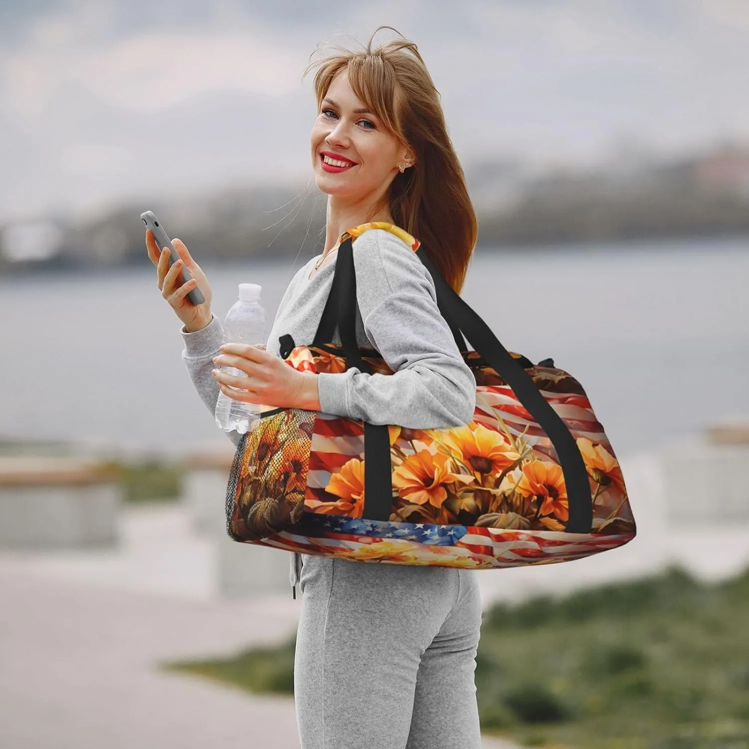 Travel Duffel Bag For Men Women, Usa Flag Flowers Painting Carry On Sport Gym Bag With Shoulder Strap Lightweight Waterproof Weekender Bag Overnight Bag