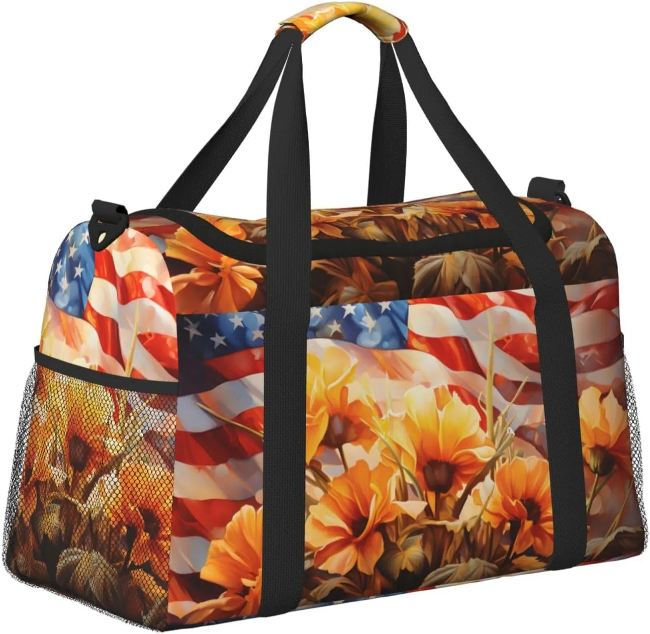 Travel Duffel Bag For Men Women, Usa Flag Flowers Painting Carry On Sport Gym Bag With Shoulder Strap Lightweight Waterproof Weekender Bag Overnight Bag