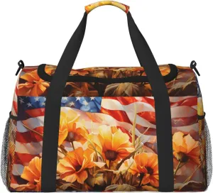 Travel Duffel Bag For Men Women, Usa Flag Flowers Painting Carry On Sport Gym Bag With Shoulder Strap Lightweight Waterproof Weekender Bag Overnight Bag