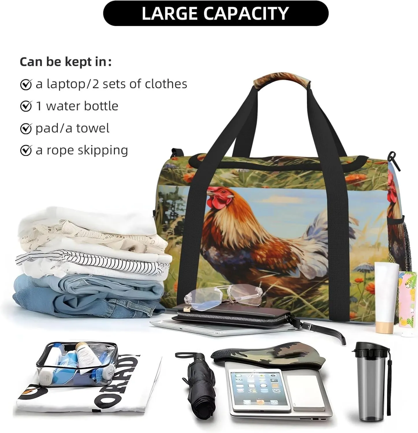 Travel Duffel Bag For Men Women, Watercolor Farm Chicken Rooster Carry On Sport Gym Bag With Shoulder Strap Lightweight Waterproof Weekender Bag Overnight Bag