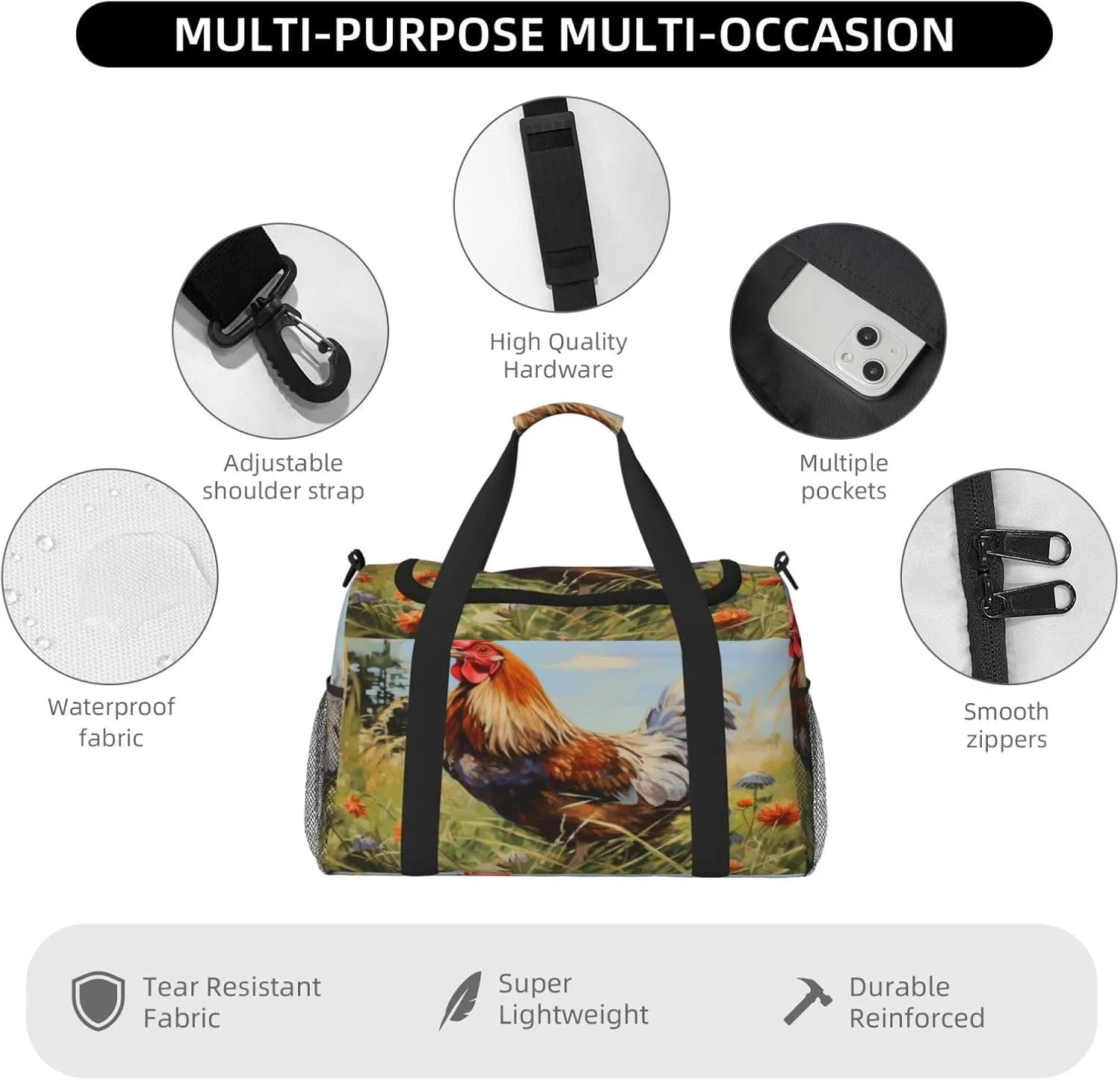 Travel Duffel Bag For Men Women, Watercolor Farm Chicken Rooster Carry On Sport Gym Bag With Shoulder Strap Lightweight Waterproof Weekender Bag Overnight Bag