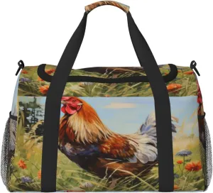 Travel Duffel Bag For Men Women, Watercolor Farm Chicken Rooster Carry On Sport Gym Bag With Shoulder Strap Lightweight Waterproof Weekender Bag Overnight Bag