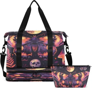 Travel Duffel Bag Gothic Butterfly and Skull Gym Duffel Bag for Men & Women with Shoe & Wet Compartment Shoulder Weekender Overnight Bag