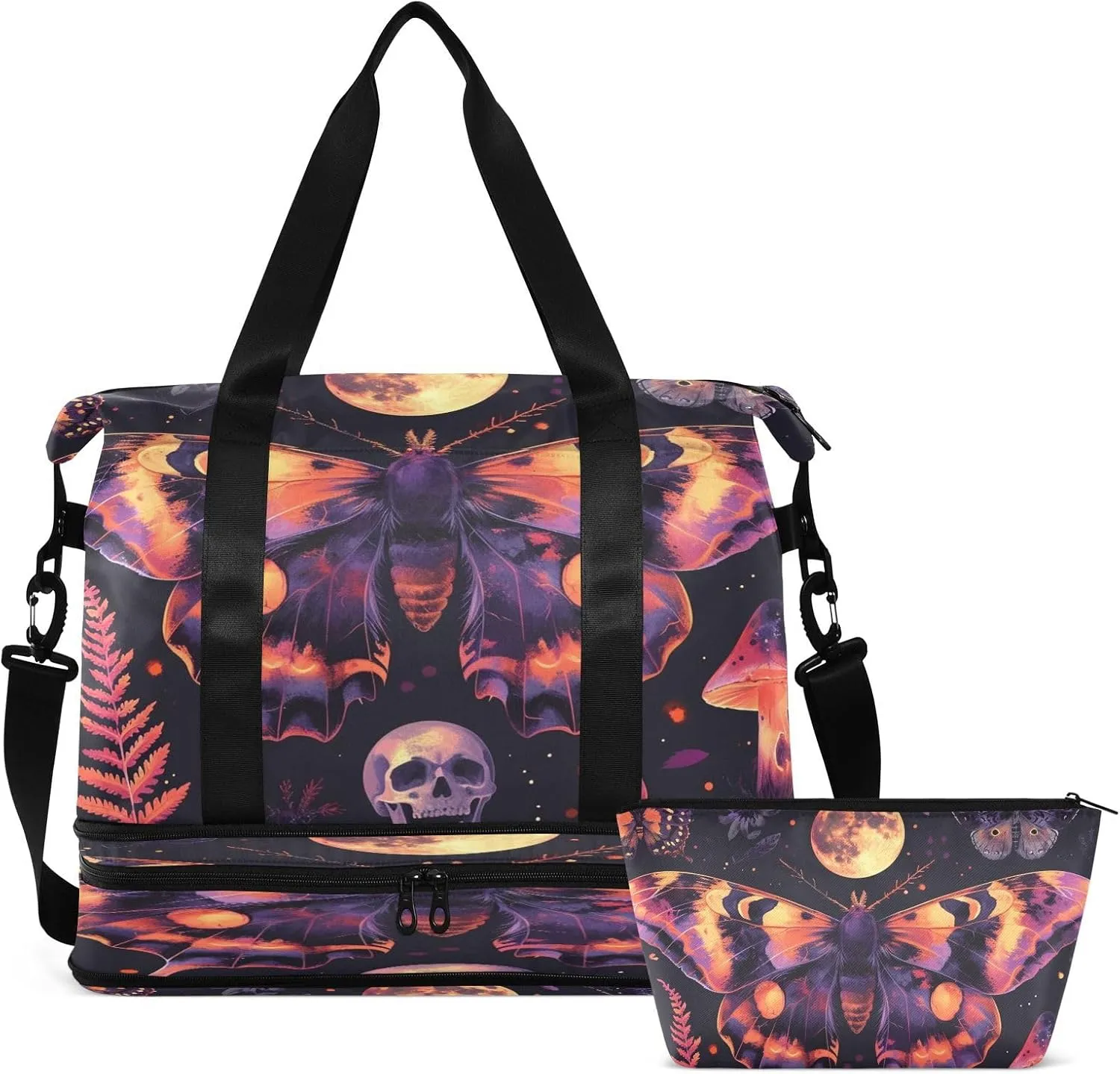 Travel Duffel Bag Gothic Butterfly and Skull Gym Duffel Bag for Men & Women with Shoe & Wet Compartment Shoulder Weekender Overnight Bag